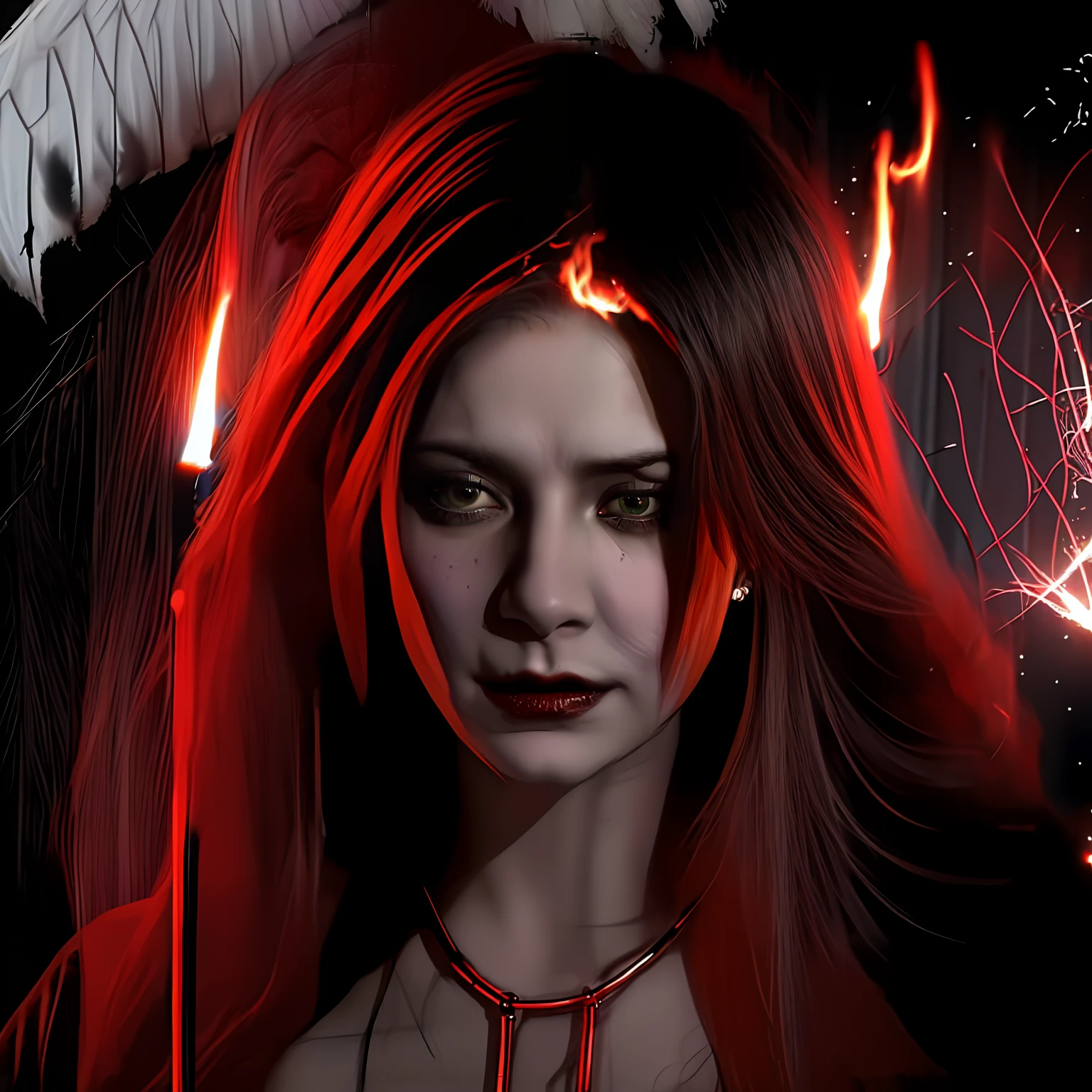 n androgynous person wearing a suit with a vibrant look and a soft smile , empty stare , corrupted , white wings , serious look , devilish look , malicious look , corrupting , realistic drawing , 2d drawing , red eyes , trying to corrupt, calling for evil , wings scorched by fire, an intense and disturbing facial expression that often conveys malice, evil, and sinister intent. It's a look that can send shivers down the spine of anyone who encounters it, making it clear that the person wearing it has a dark and somber side, an intense facial expression that conveys hostility, aggression and imminent danger. It's the kind of look that can make people feel uncomfortable and defensive. A desperate look, mixed with fear that precedes anger, is a complex facial expression that reflects an intense emotional struggle. This combination of emotions can occur in extreme situations where someone feels threatened, vulnerable and powerless, but is also on the verge of exploding in anger or defensiveness.