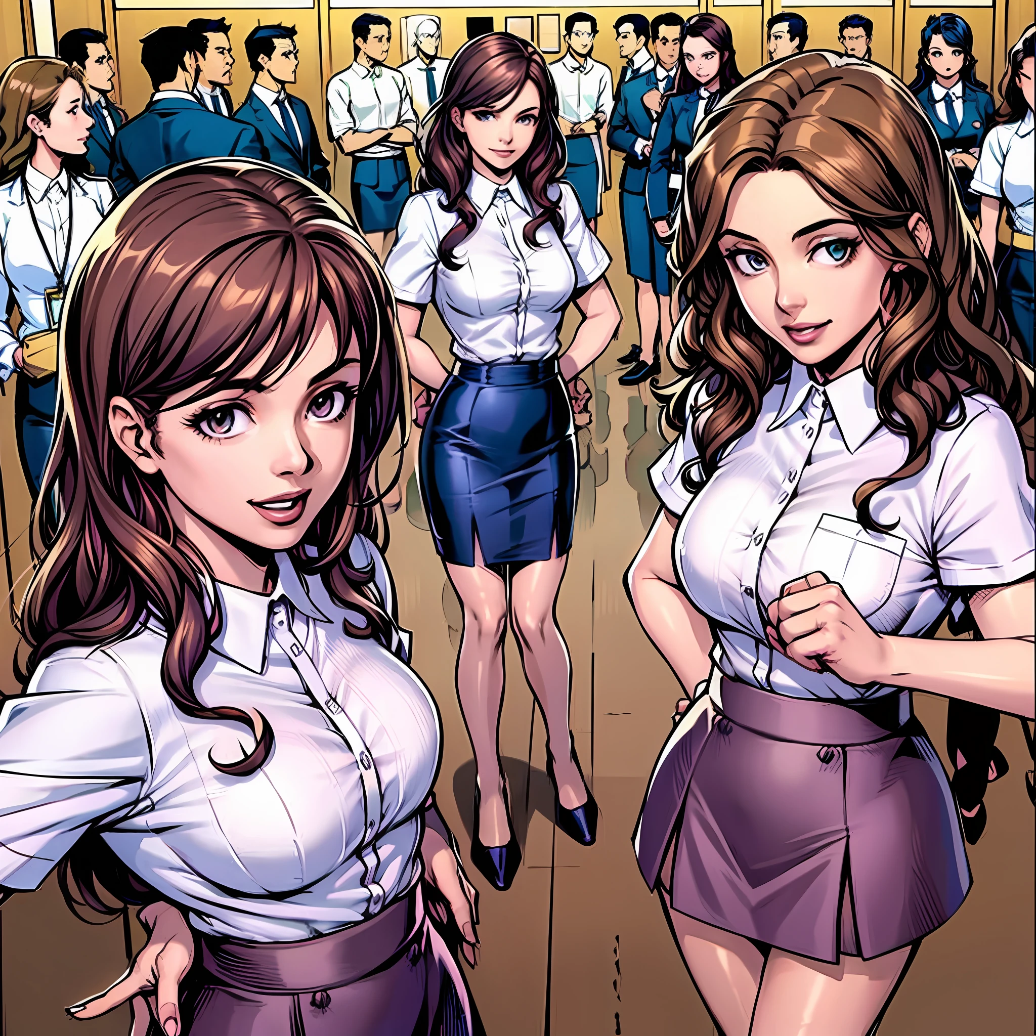 jim lee, perfect anime illustration, multiple girls, thousands of girls, millions of girls, clones, identical sisters, neat rows of sisters, neat columns of sisters, sisters standing in formation, sisters in background, brown hair, curly hair, matching hairstyle, hazel eyes, smiling, ((matching outfits, office lady, employee uniform)), matching hairstyles, white background, highres, full body, pose