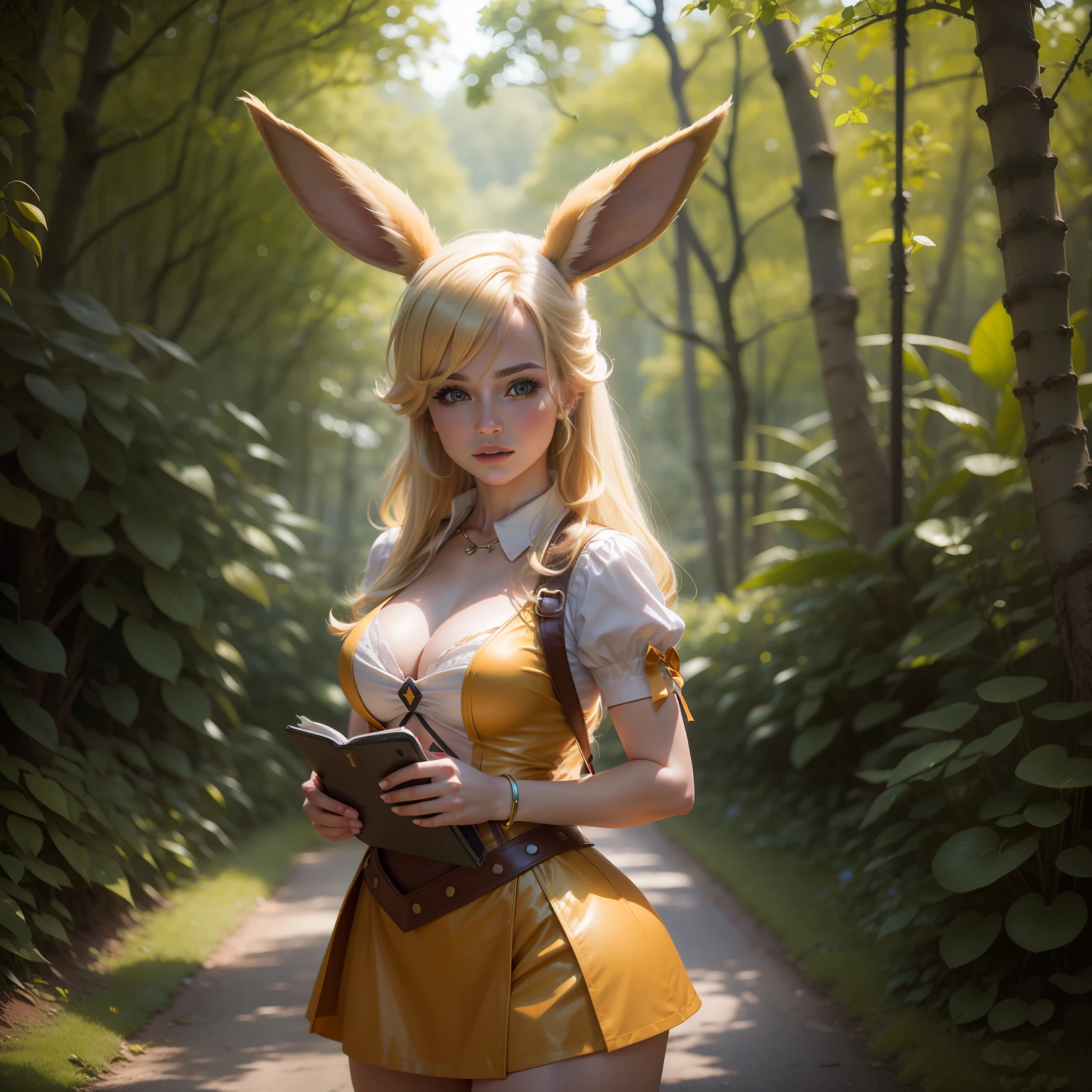 un impresionante, highly realistic photo of a blonde woman dressed as Eevee from Pokémon, with a vibrant representation of the costume and a backdrop of greenery.
