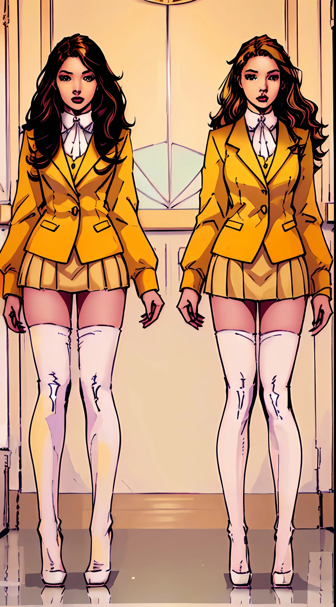 ((Masterpiece, highres)), 2girls, duo, twins, ((one brown haired girl, one blonde girl)), long hair, curly hair, matching hairstyles, different hair color, confident, elegant, rich girls, emotionless, arms at sides, straight backs, (((matching outfits, identical outfits, yellow school uniforms, sexy school uniforms, yellow blazer, yellow short skirt, white thighhighs, long white socks, black high heels))), standing at attention, shoulder to shoulder, same pose, mansion