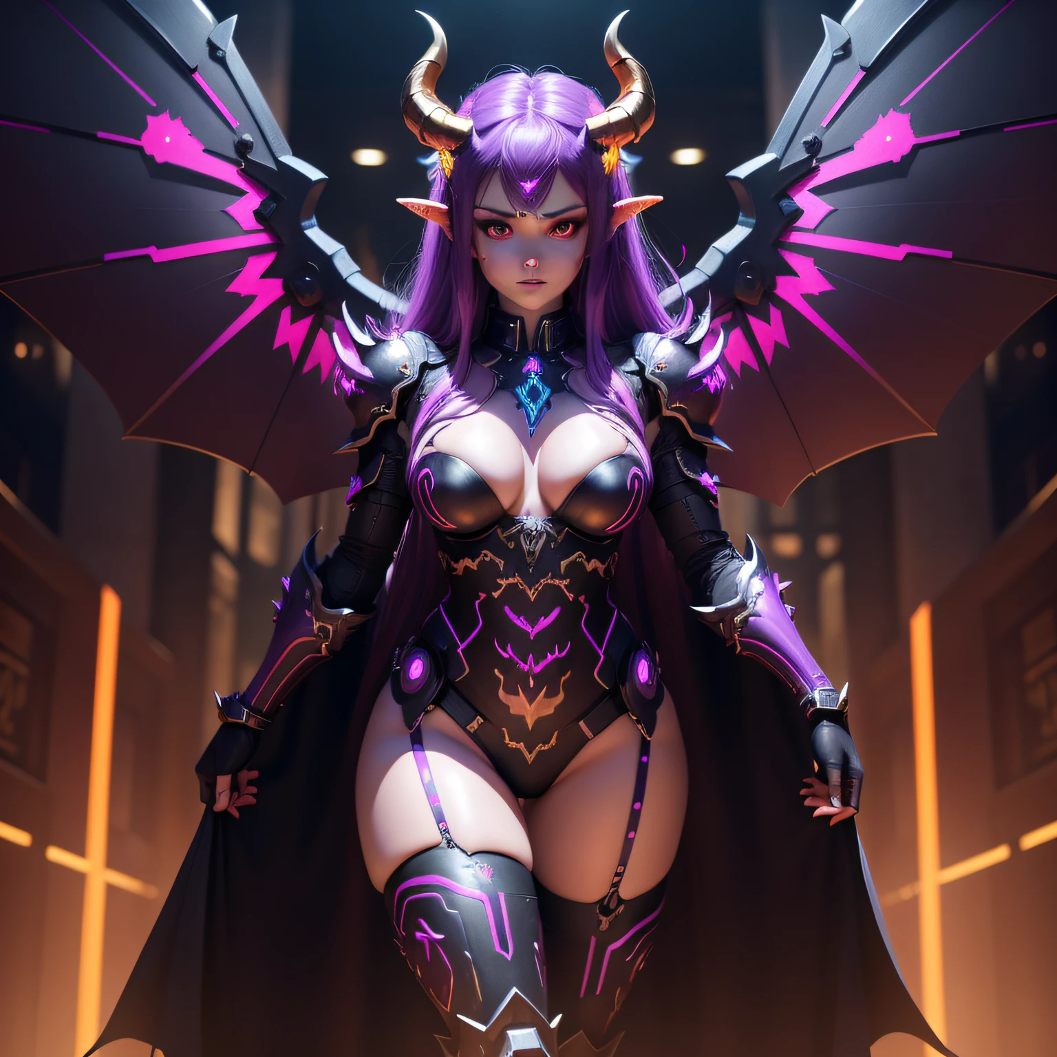 Demonenangel female with horns, giant wings and heavy cyber armor with neon lights in the colors purple gold with red decorations. 8k.3D, blutmond in hintergrund mit einer burg