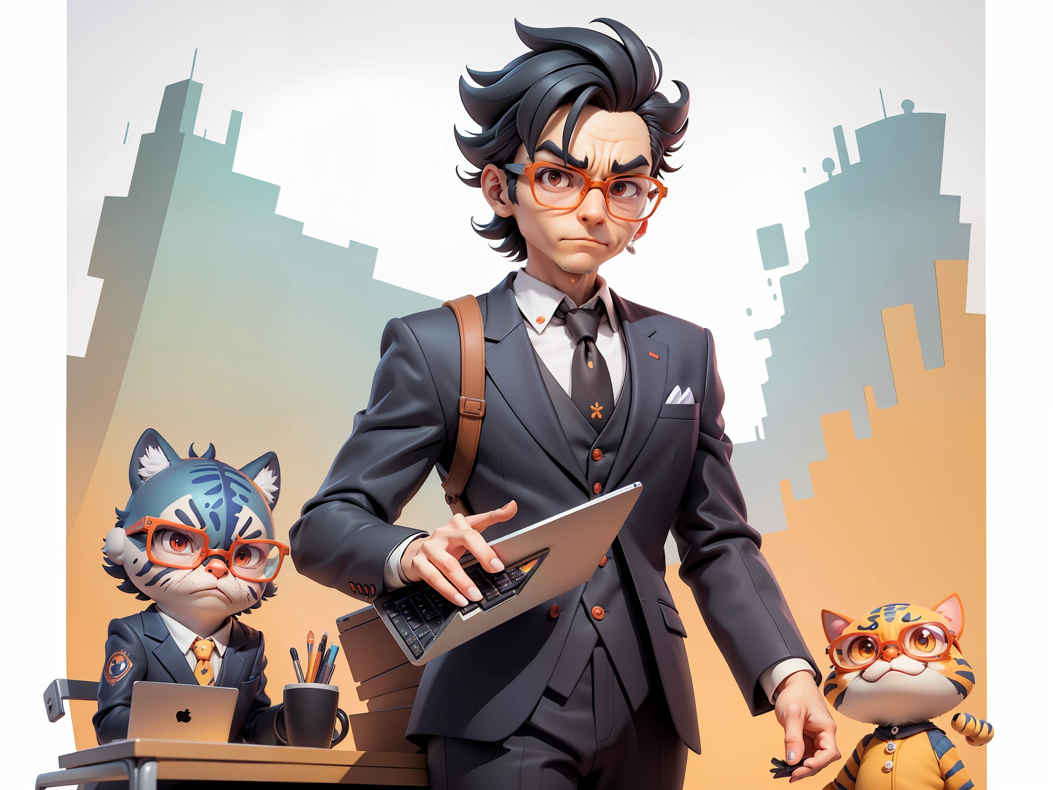 A young man in a suit, Short hair and glasses sat at his desk,holding laptop,digitial painting,tigre,3D character design by Mark Clairen and Pixar and Hayao Miyazaki and Akira Toriyama,4K HD illustration,Very detailed facial features and cartoon-style visuals。