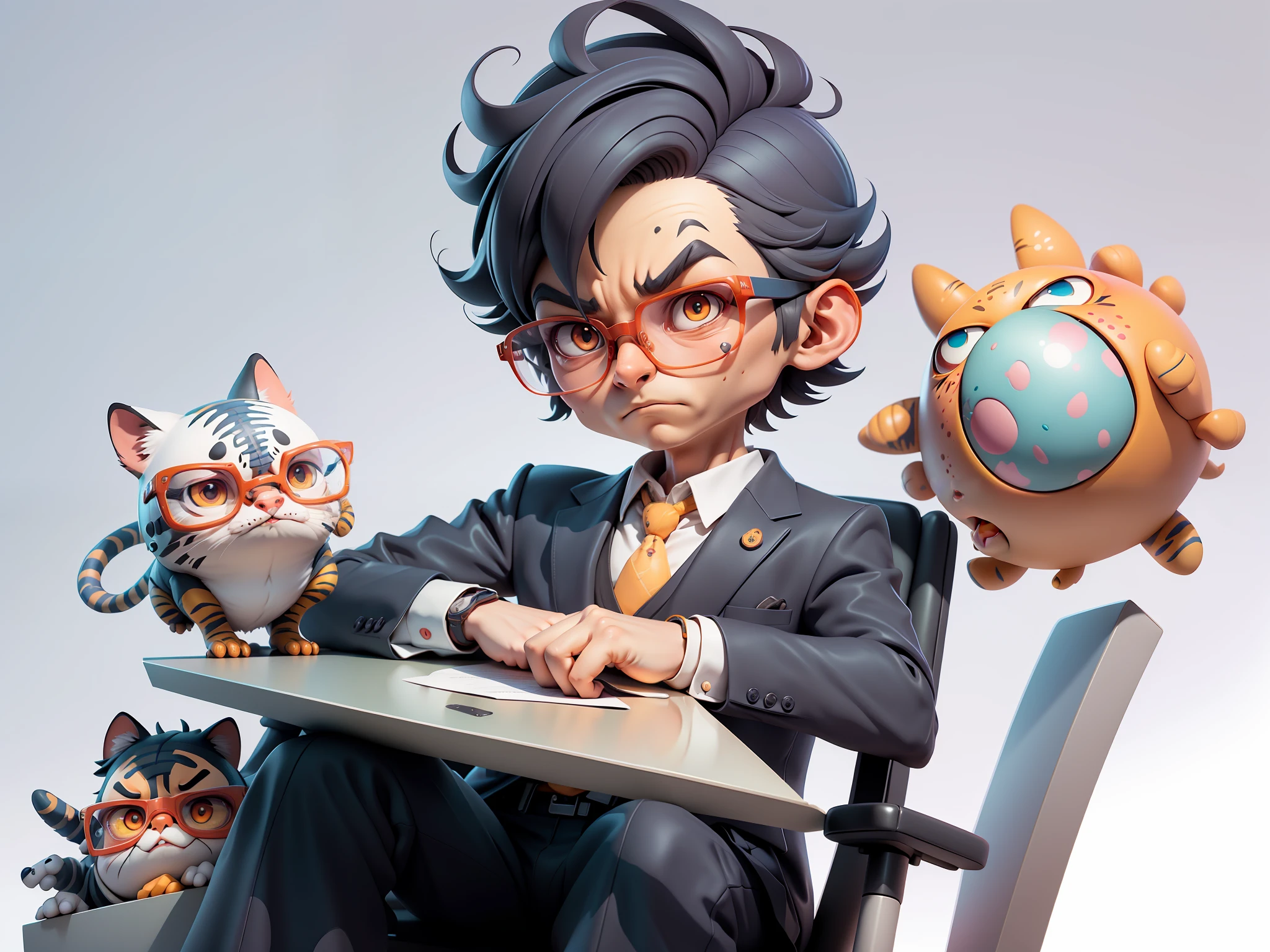 A young man in a suit, Short hair and glasses sat at his desk，holding laptop，digitial painting，tigre，3D character design by Mark Clairen and Pixar and Hayao Miyazaki and Akira Toriyama，4K HD illustration，Very detailed facial features and cartoon-style visuals。