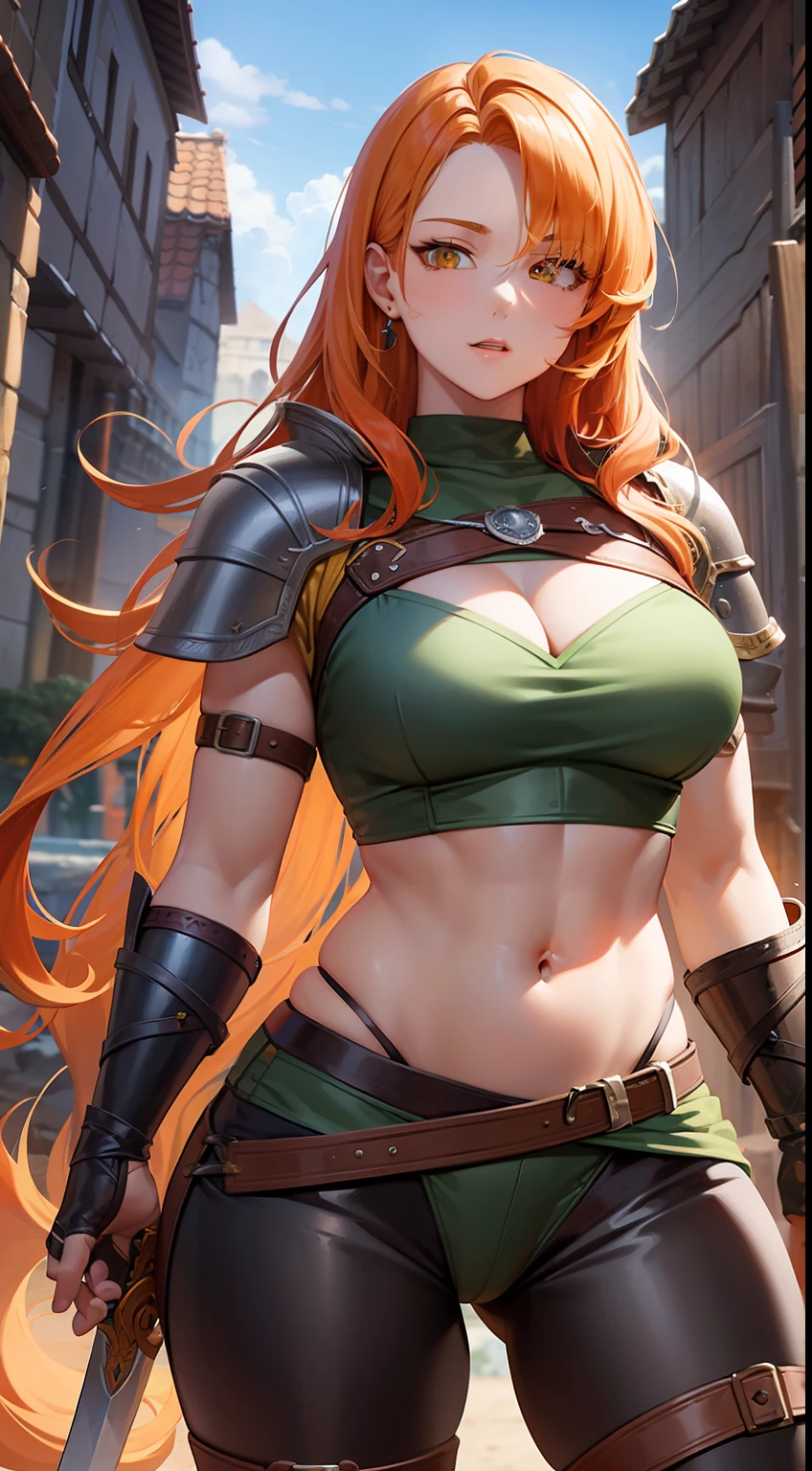 adult girl, long curly orange hair, The Witcher's Yellow Eyes, Green sleeveless top, open belly, musculature, leather armour, sword, Masterpiece, hiquality
