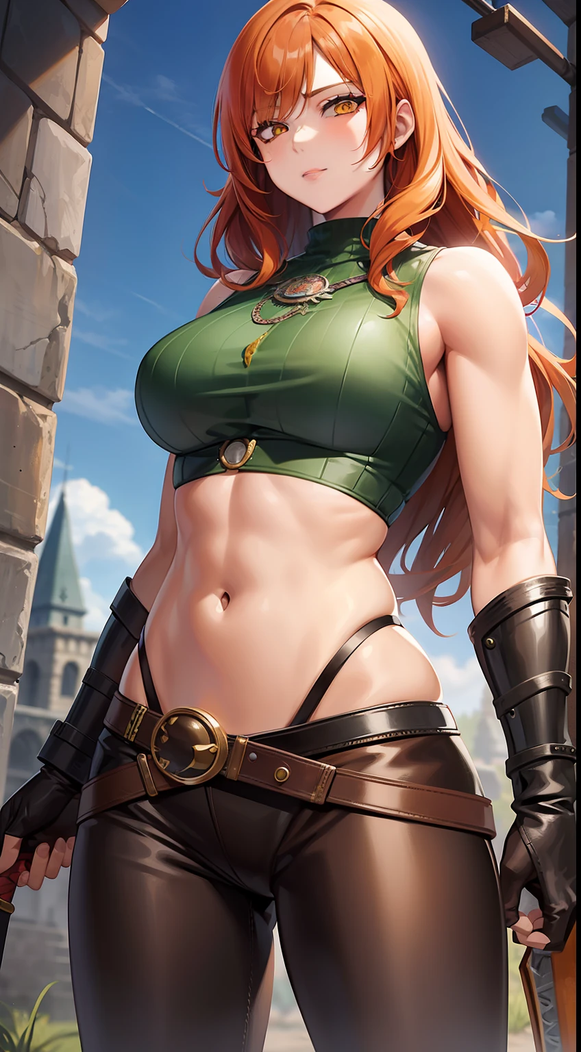 adult girl, long curly orange hair, The Witcher's Yellow Eyes, Green sleeveless top, open belly, musculature, leather armour, sword, Masterpiece, hiquality