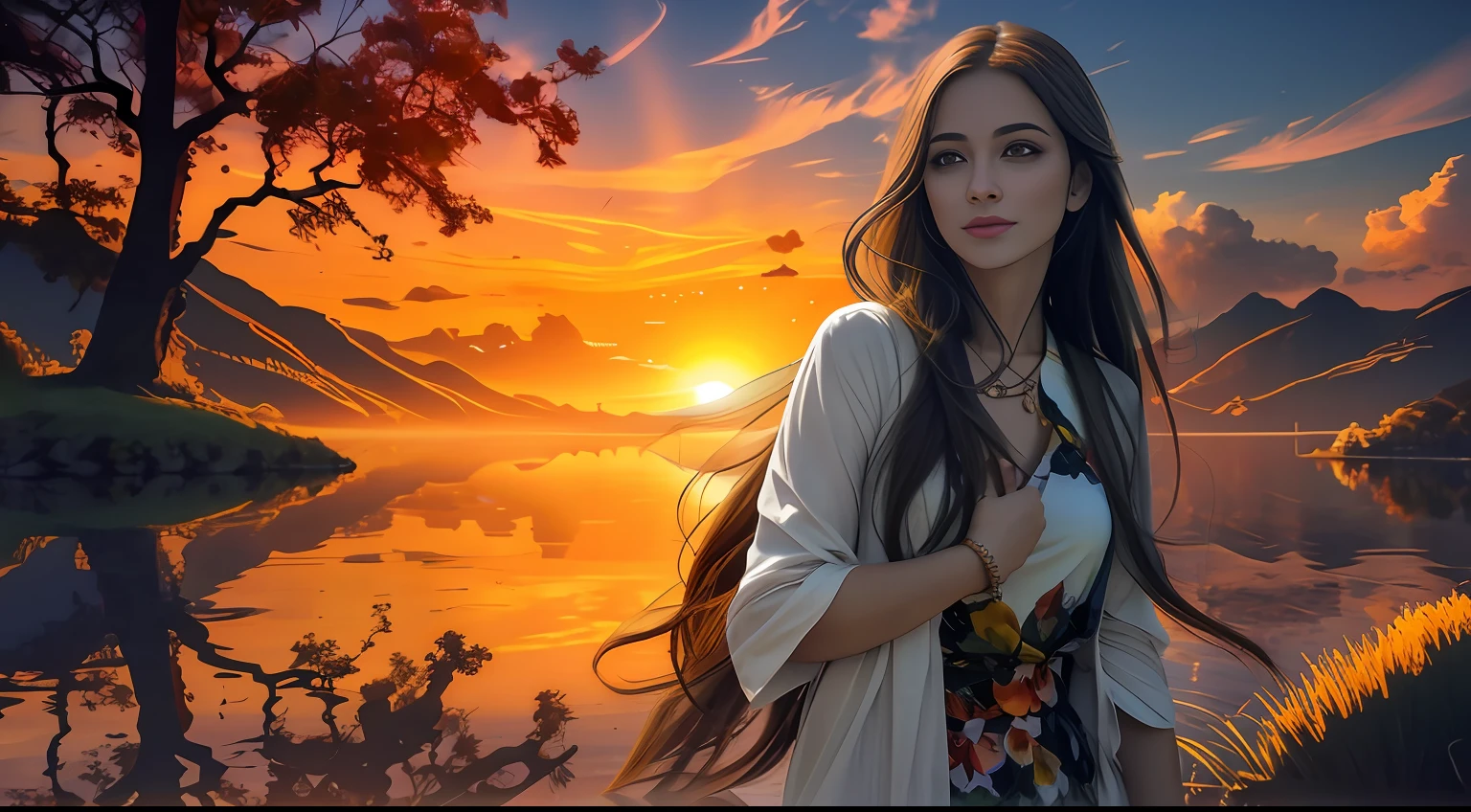 sun sunset, brilho da noite, vista distante, realista, cores ricas, lindo e colorido, reflexo no lago linda mulher longo cabelos, estilo naturalista, High Definition Footage.