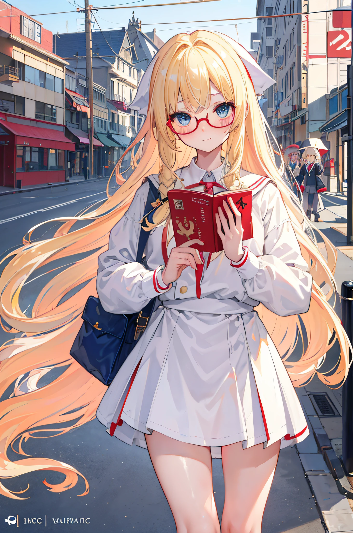 (​masterpiece)、(top-quality)、thighs thighs thighs thighs、(blonde  hair:1.3)、(Bianca:1.5)、(Red glasses)、fluffy long hair、a street、城市、Blue eyes、heavy blush、happiness、childish、elementary student、one girls、校服、Lori、独奏