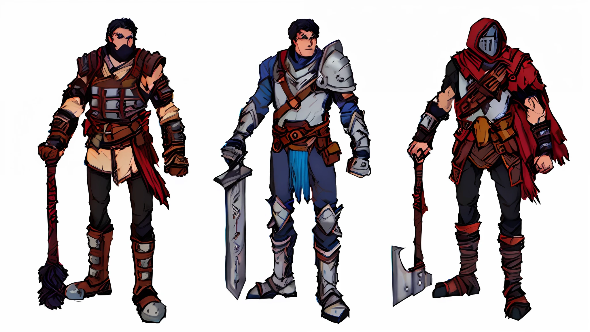 3 characters with weapons, leather armor, metal armor, fantasy, concept art, character design, reference sheet, ((white background))