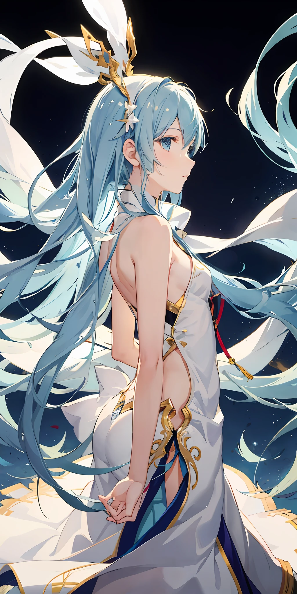 hatune miku, whole body, from_side, focus on eyes, shiny_skin, flat chest, long floating hair, expressionless, complex details beautiful and delicate eyes, white skin, night sky, backlighting, very precise detailed,