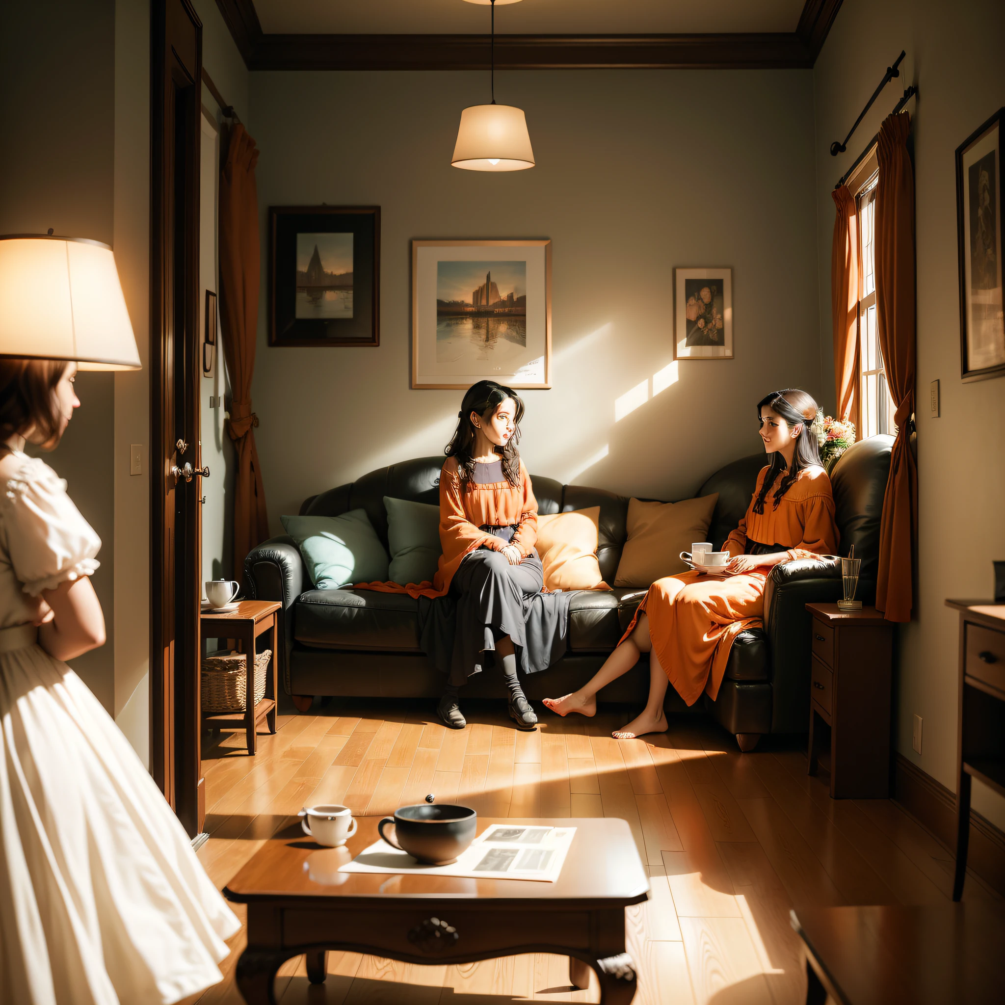 Create a cinematic visual composition in 9:16 format that represents the living room of a small apartment in early 20th century. Use a orange filter to intensify the feeling of the time. Living room scene, Show two girls sitting on the floor at a coffee table, bishop sleeves, bowl and cup on coffee table, talking, smiling, art easel in background with artwork, finished artwork on easel in room corner, color palette nearby, blurry