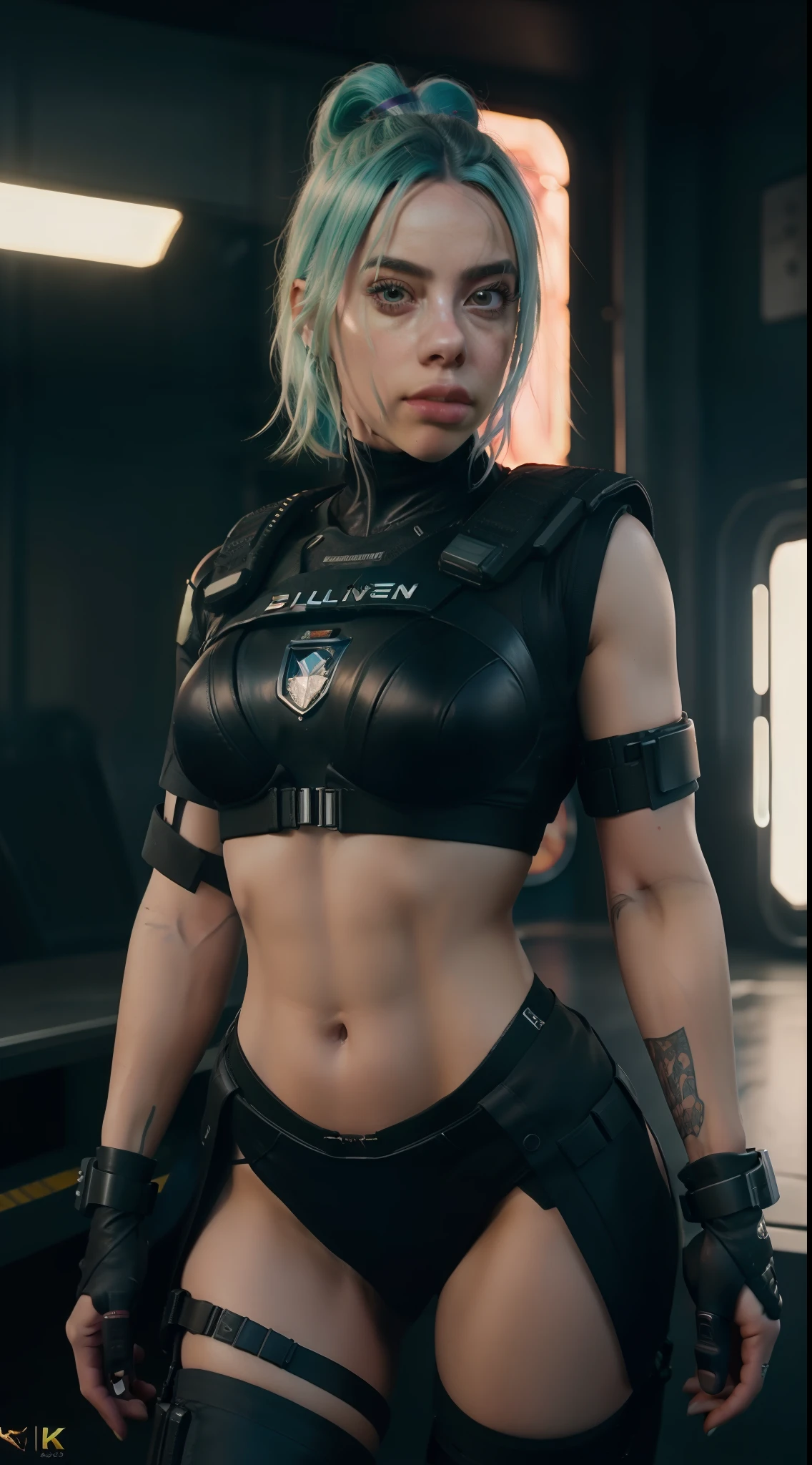 8k, ARTISTIC photography, best quality, masterpiece: 1.2), RAW photo, a (potrait:1.2) of a woman , Cyberpunk Character, wearing Law Enforcement Tactical Armor Vest (bullet proof vest) (((Billie Eilish))) (highly detailed skin:1.2), 8k uhd, dslr, soft lighting, high quality, film grain, Fujifilm XT3, staring at the camera in front, lime Green hair, bob cut ((dynamic pose))) over-detailed face, beautiful body, voluptuous body, Huge soft breasts and beautiful abs , 8k uhd, SLR camera, soft lighting, high quality, film grain, Arri Alexa mini , Cinematic lighting, octane render, cinematic lighting, complex, 8k resolution concept art portrait, edgerunner, blade runner, Cyberpunk 2077, hyperrealistic, photo awesome, realistic, (((pure 8K))), (((perfect anatomy))), extremely high-quality graphics, Riddley Scott, Blade Runner, Denis Villeneuve, (((cinematic lighting))), ((clear details)), complex, highly detailed background, posing on aircraft carrier, midday sunlight.