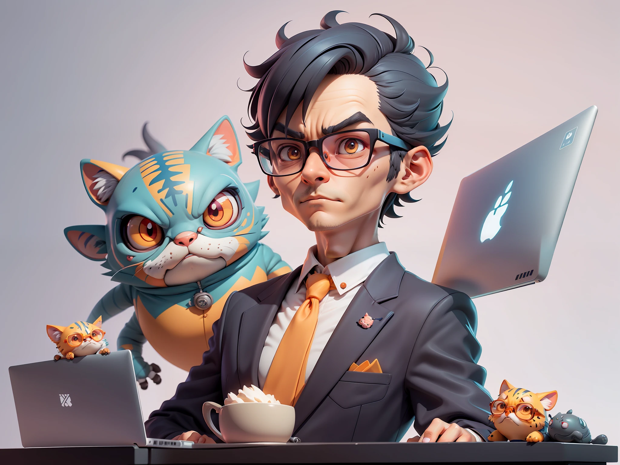 A young man in a suit, Short hair and glasses sat at his desk,holding laptop,digitial painting,tigre,3D character design by Mark Clairen and Pixar and Hayao Miyazaki and Akira Toriyama,4K HD illustration,Very detailed facial features and cartoon-style visuals。