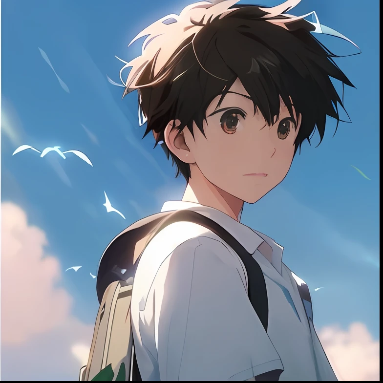 Anime boy with backpack looking up at the sky，Flocks of birds fly overhead，Makoto Shinkai's digital rendering，Exciting graphics，Makoto Shinkai's artistic style is unique and extraordinary，As if from《Your name》The atmosphere of the movie，Young and energetic anime character，Show a new romantic side，(Makoto Shinkai)。