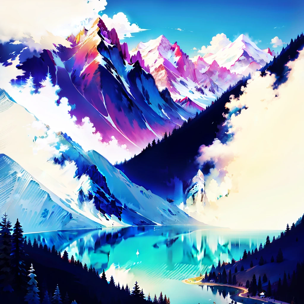 vector illustration of the alps with beautiful lake in front of it, watercolour masterpiece --ar 2:3