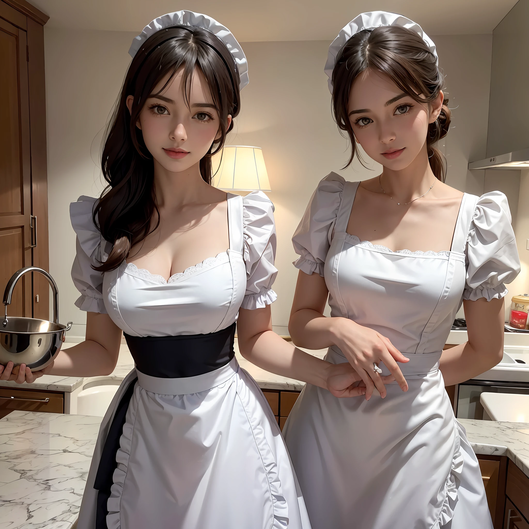 photo of Cristiano Ronaldo as a playful maid, 1girl, apron, amazing body, pronounced feminine feature, busty, kitchen, flirting with camera