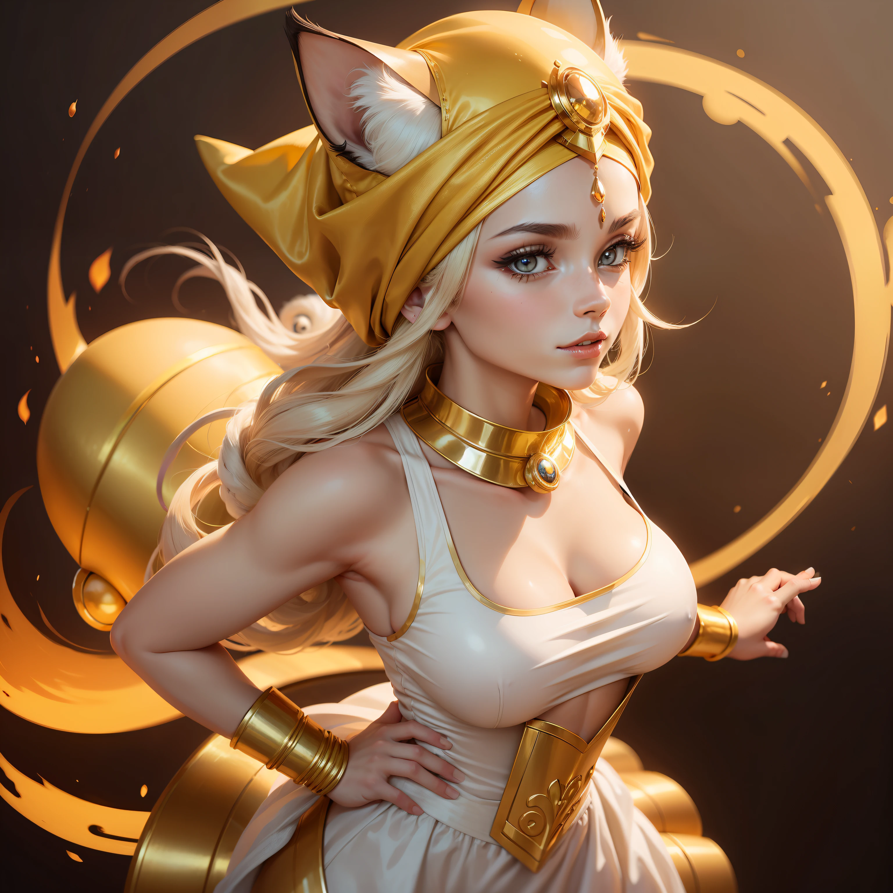 Un llamativo, Foto altamente realista de un pelo blanco, Full-bodied woman dressed as Meowth with her gold turban on her forehead and her white Pokémon costume, with a vibrant representation of the costume and a golden background.