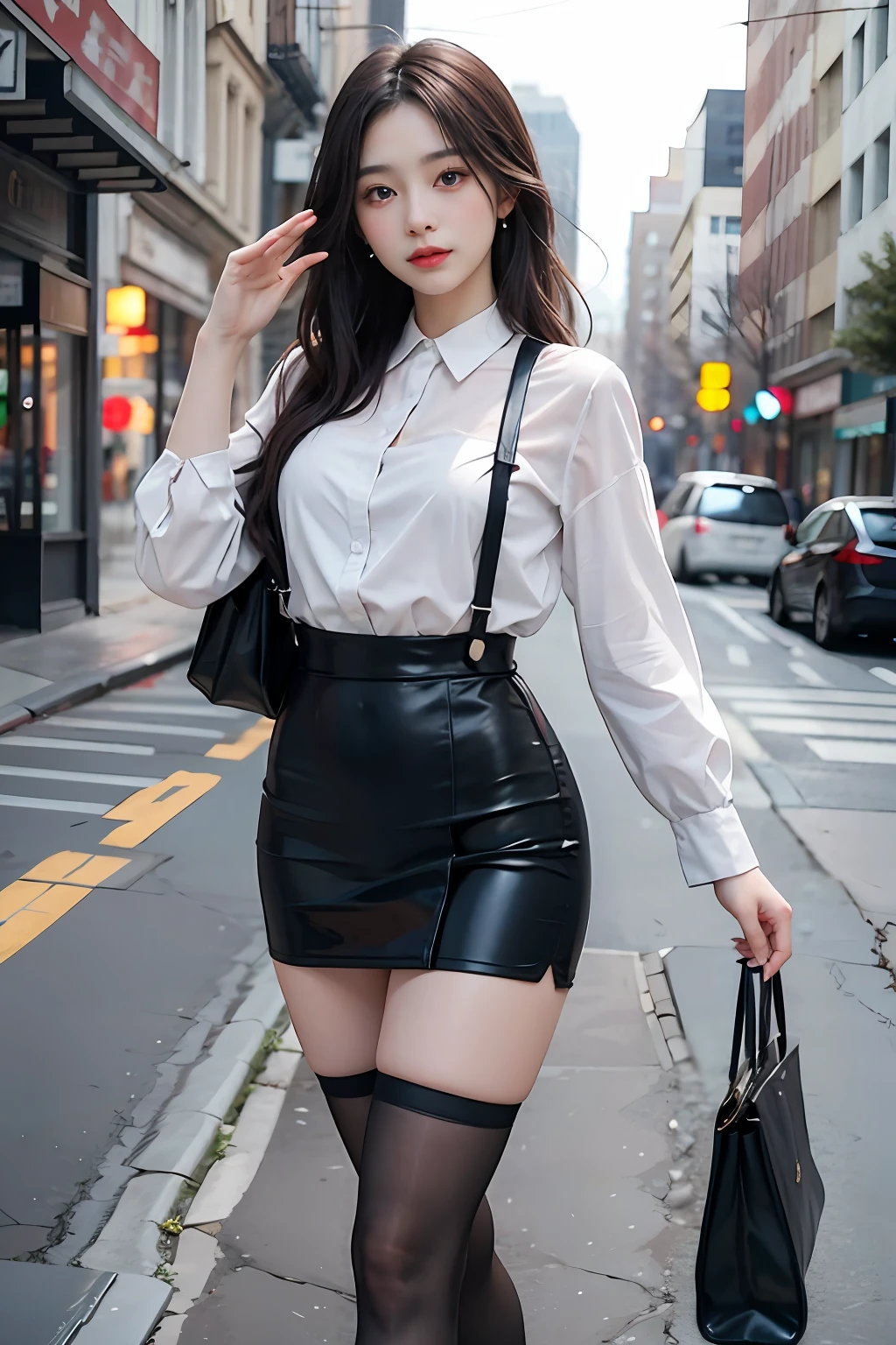 A cute girl,20 yrs,pale blue color eyes,Black hair,Long bohemian hairstyle,Superb image quality, 8k, tmasterpiece:1.3, full bodyesbian, Long legs, Focalors:1.3, perfect figure beautiful woman:1.4, Slim abs:1.1, Dark brown hair, Facial fascination,Pure desire,White color blouse,In black suit,Short black tight skirt, black suspenders stockings,standing on your feet:1.2, city night scene, Highly detailed facial and skin texture, A detailed eye, 二重まぶた,Hyper-realistic,Ultra photo realsisim,Shedding on the street,helpless eye,V-shaped gesture
