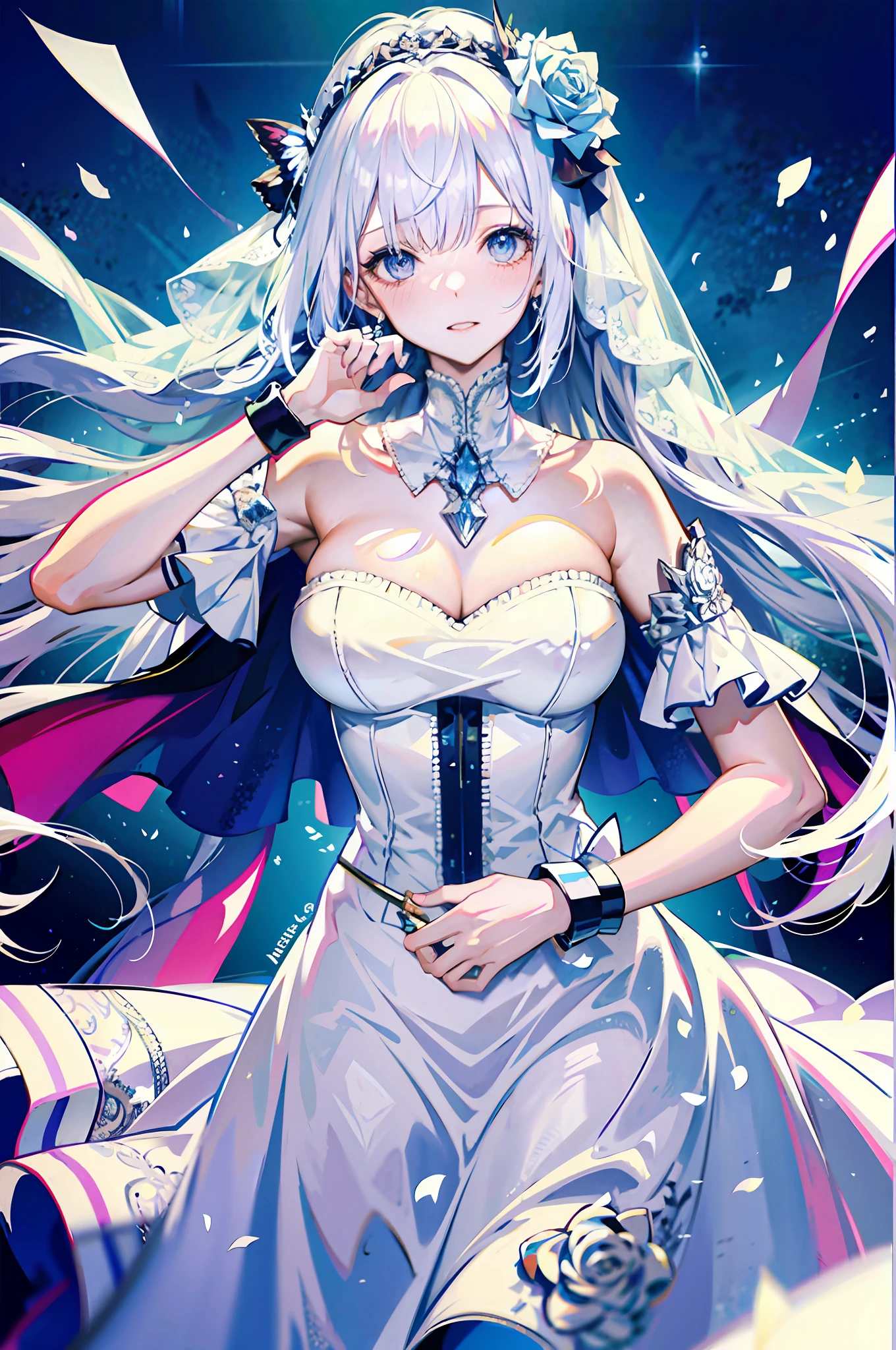 silber hair,butterflys,long whitr hair,white wedding gown,8k wallpaper,detailedbackground,Highest high resolution,deep v big breasts,Hair covers one eye,Bandeau wedding dress,chies,White rose,tight-fitting,chies,In the daytime,