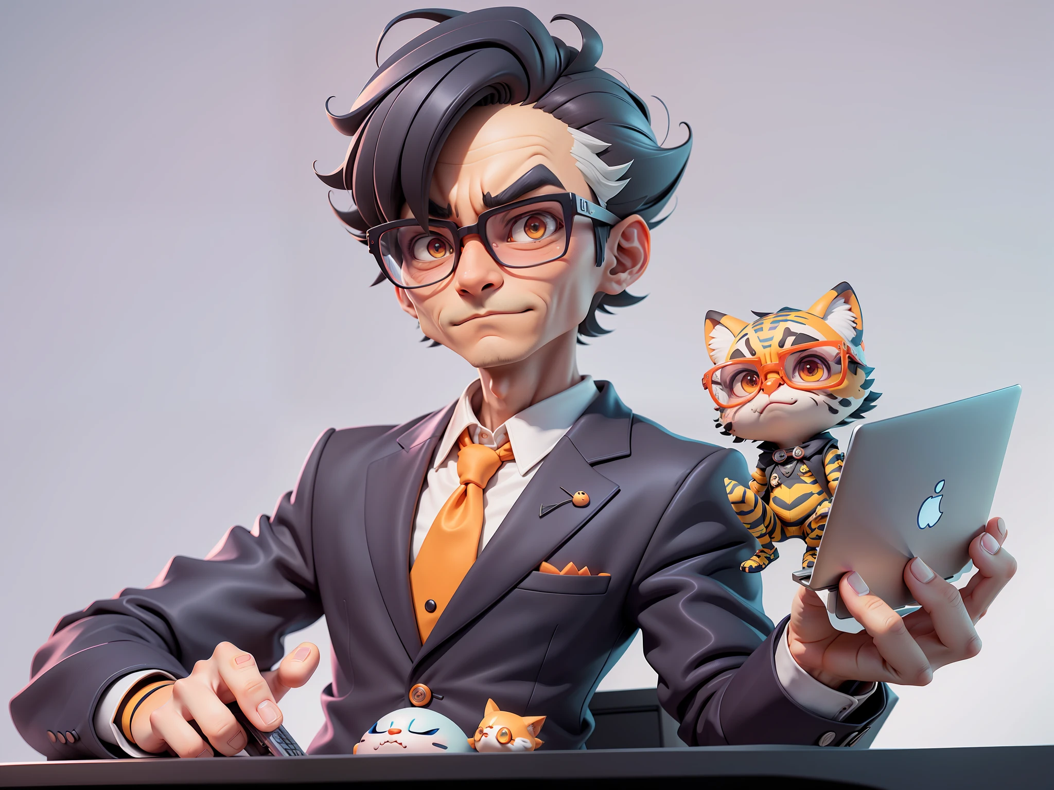 A young man in a suit, Short hair and glasses sat at his desk，holding laptop，digitial painting，tigre，3D character design by Mark Clairen and Pixar and Hayao Miyazaki and Akira Toriyama，4K HD illustration，Very detailed facial features and cartoon-style visuals。