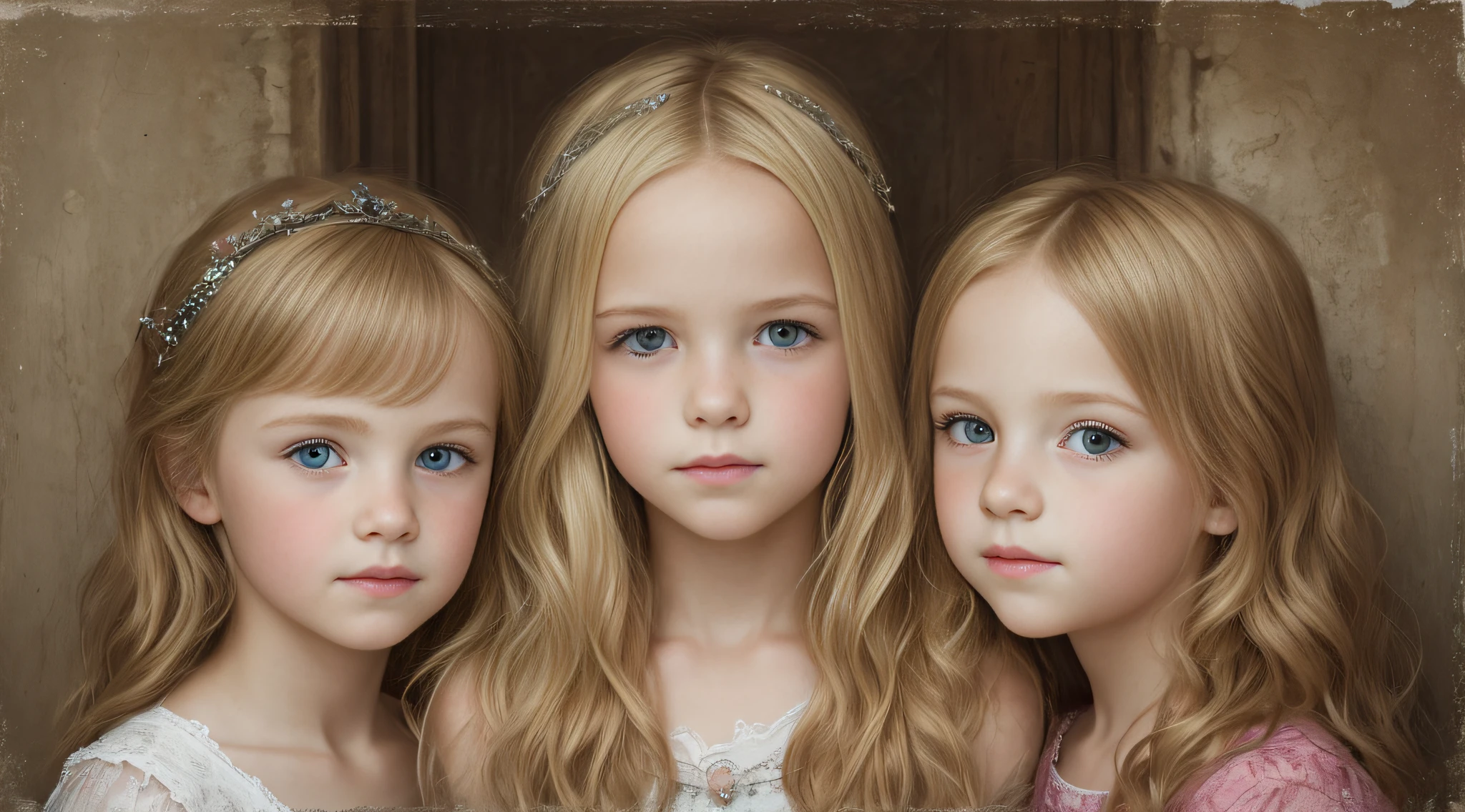 Portrait of 3 girls German children long blonde hair TRAIDS , gelo, neve, muita neve, gelo.