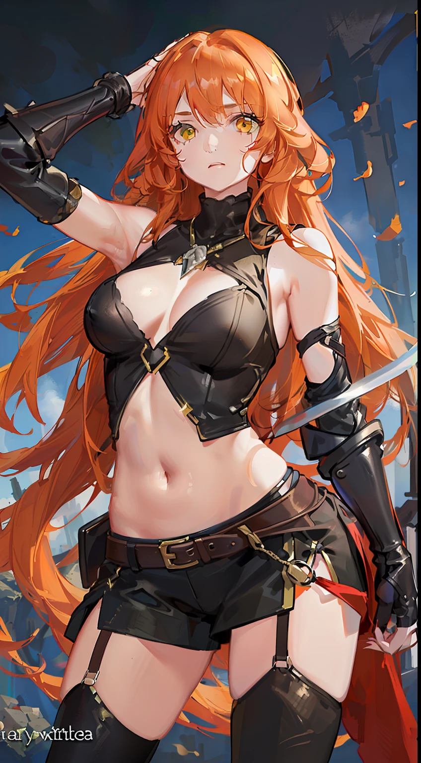 adult girl, long curly orange hair, The Witcher's Yellow Eyes, Green sleeveless top, open belly, musculature, leather armour, sword, Masterpiece, hiquality