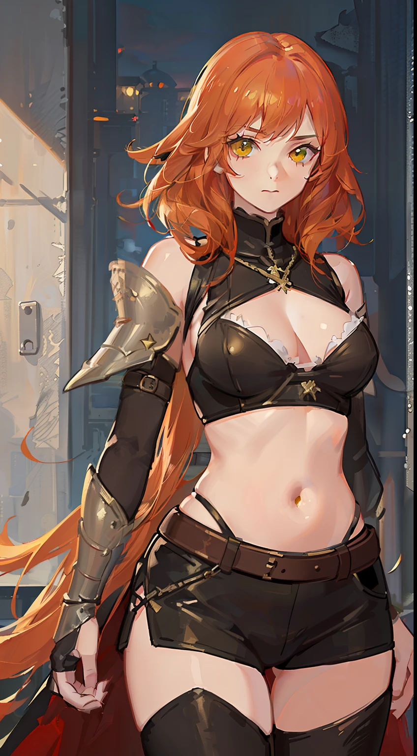 adult girl, long curly orange hair, The Witcher's Yellow Eyes, Green sleeveless top, open belly, musculature, leather armour, sword, Masterpiece, hiquality