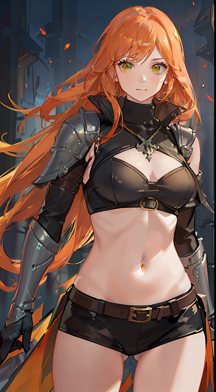adult girl, long curly orange hair, The Witcher's Yellow Eyes, Green sleeveless top, open belly, musculature, leather armour, sword, Masterpiece, hiquality