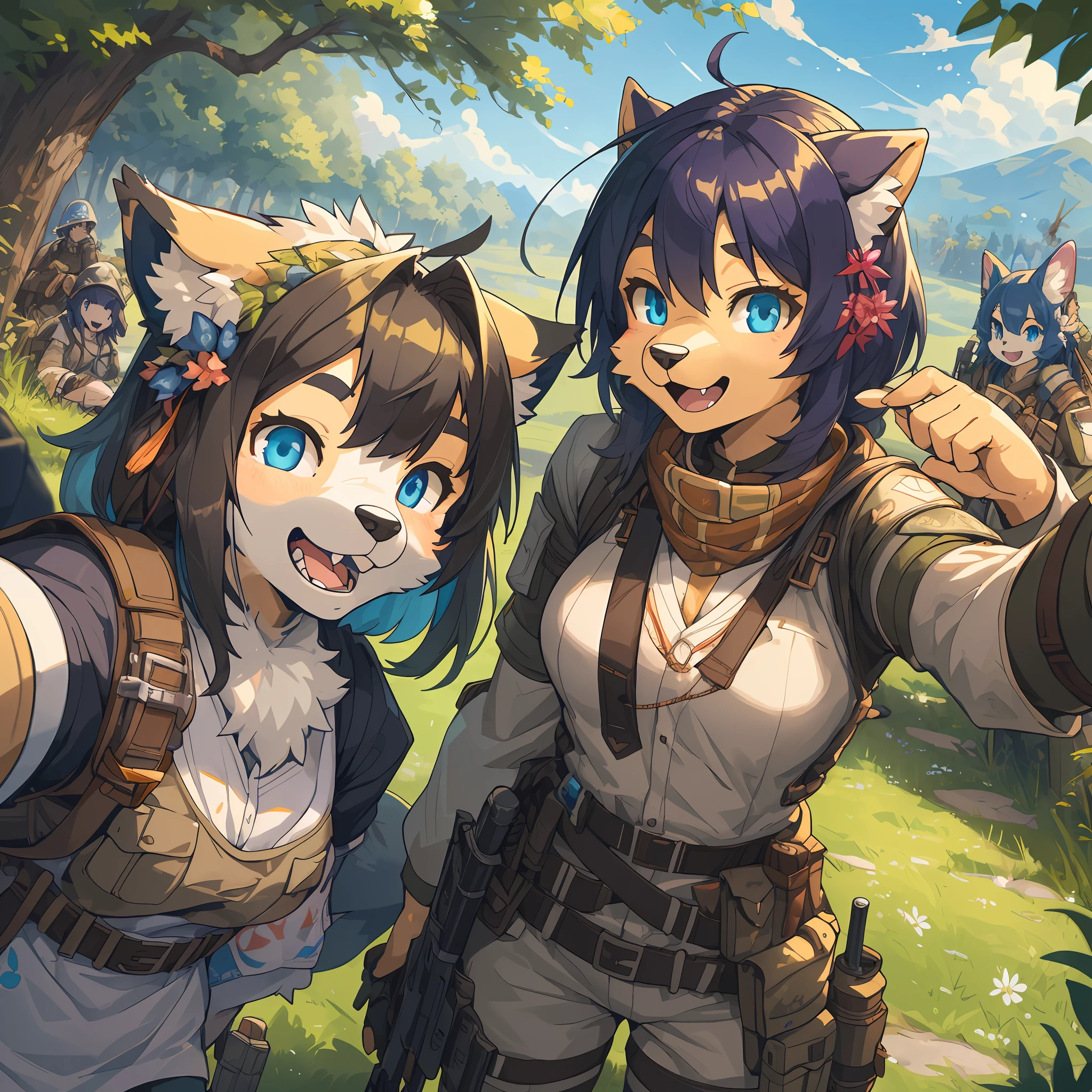 top quality, best quality, High-quality illustrations, masterpiece, super high resolution, detailed background, detailed background, survival game, battlefield, group shot:0.2, 6+boys, 6+girls, Happy, joyful, absurdres(highly detailed beautiful face and eyes)perfect anatomy(kemono, furry anthro)selfie:0.1,