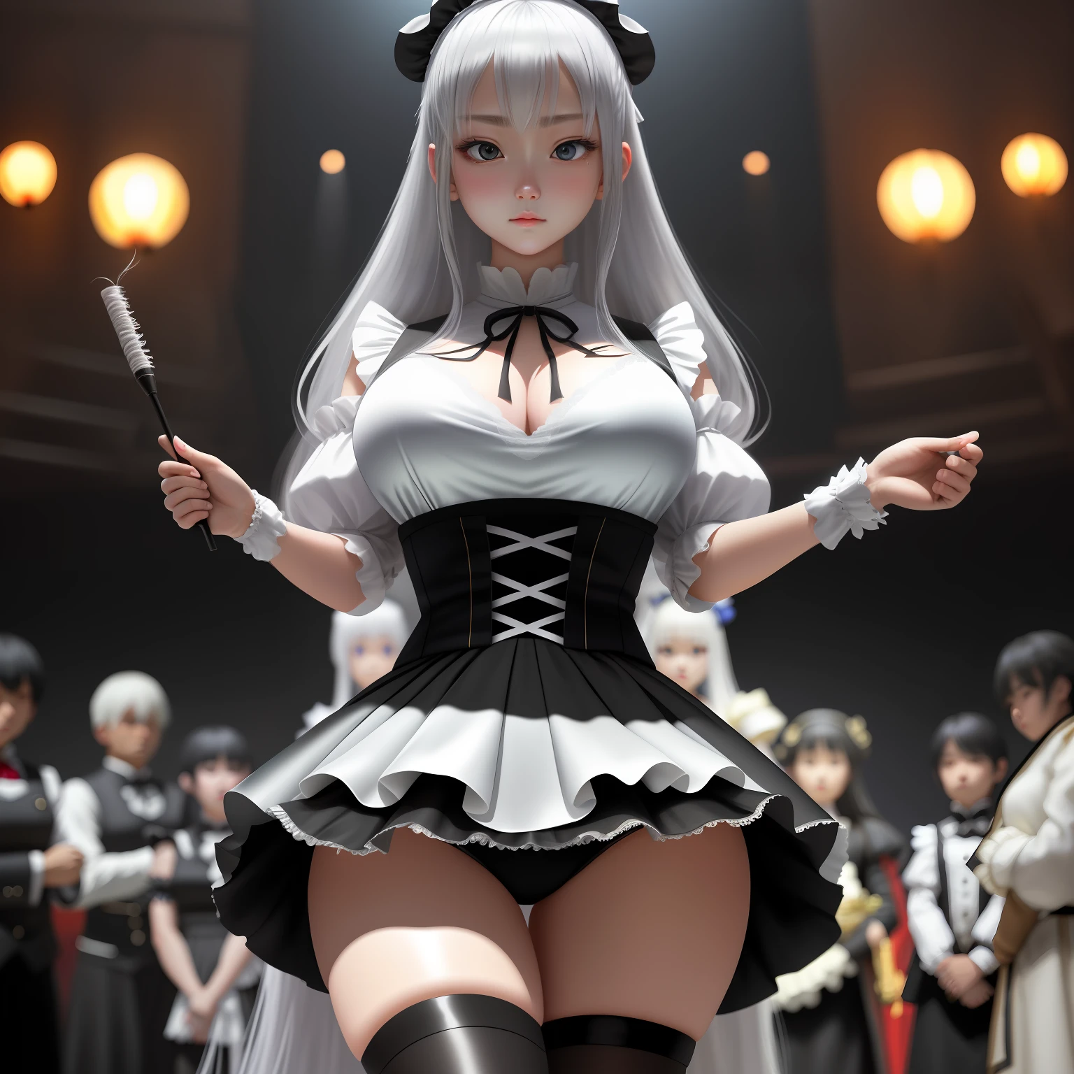 tmasterpiece、Best quality、realisticlying、hyper-detailing、(Shiny skin,sweat leggs:1.4)、plumw、Look at the audience、1girl、the maid outfit、revealing breasts、Black panty、white mini-skirt、long whitr hair、silber hair、eBlue eyes、(thick thight:0.5)、动态照明、A high resolution、sharp fokus、depth of fields、Large breasts