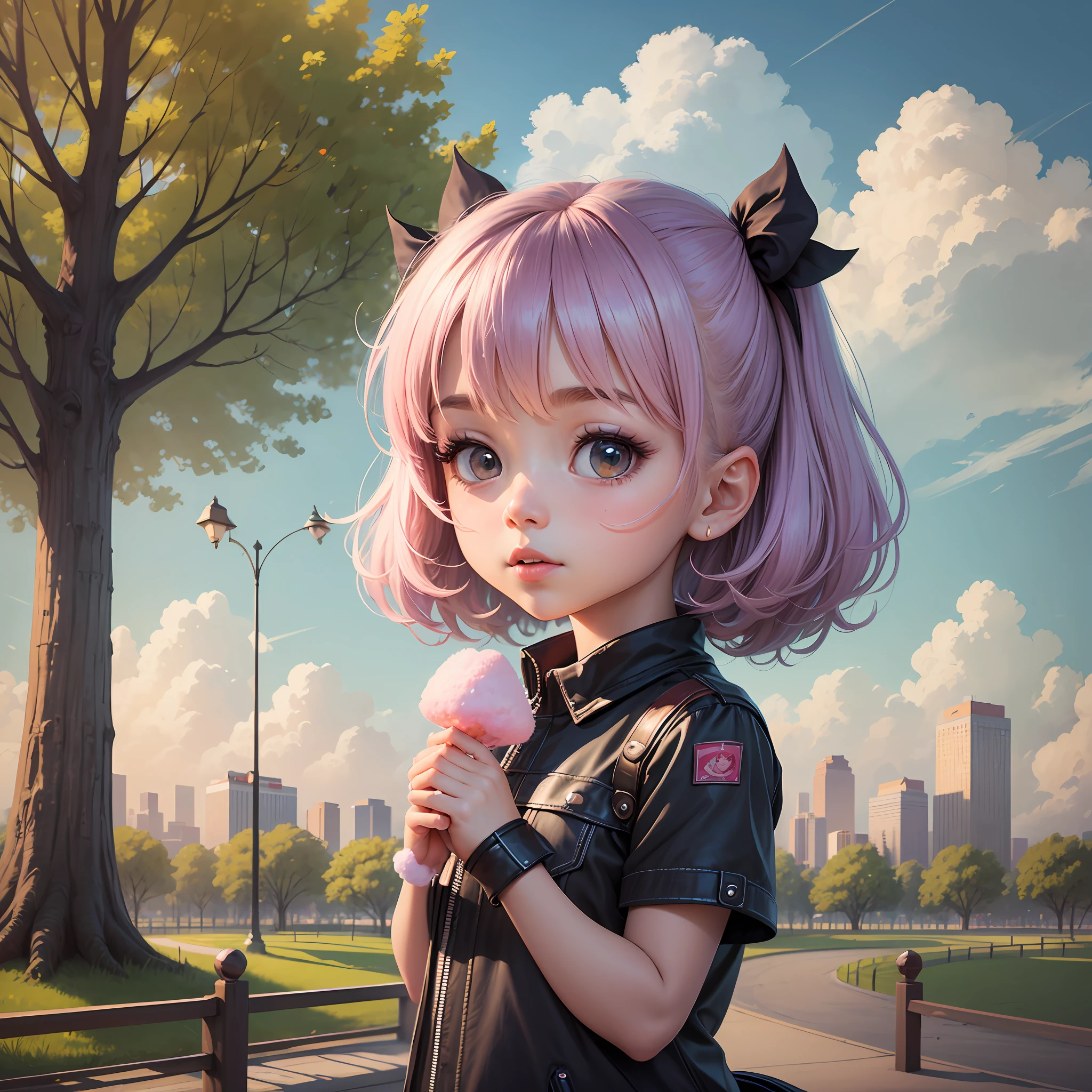 Illustration of a girl in the park, with cotton candy in hand, estilo chibi. --auto --s2