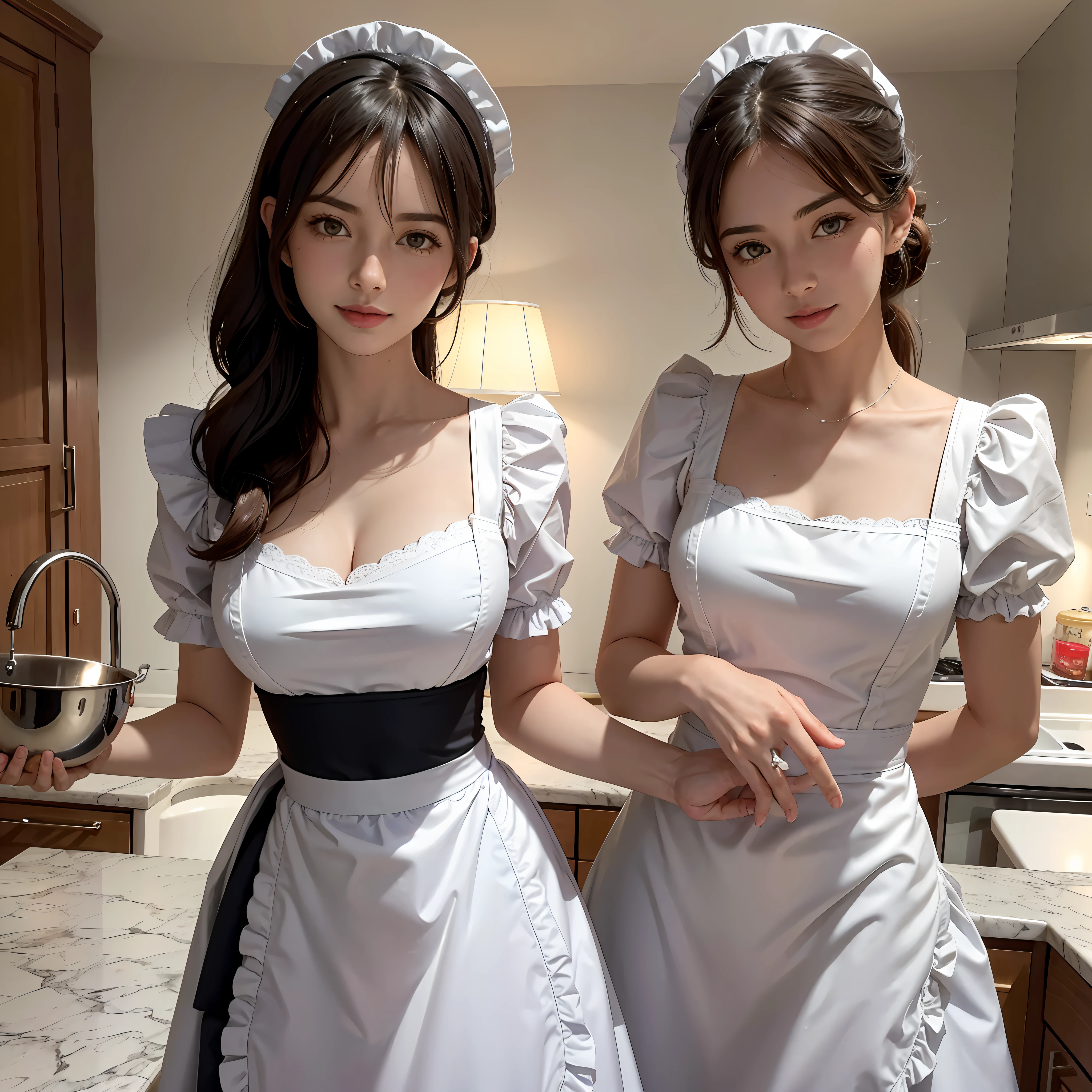 photo of Cristiano Ronaldo as a playful maid, 1girl, apron, amazing body, pronounced feminine feature, busty, kitchen, flirting with camera