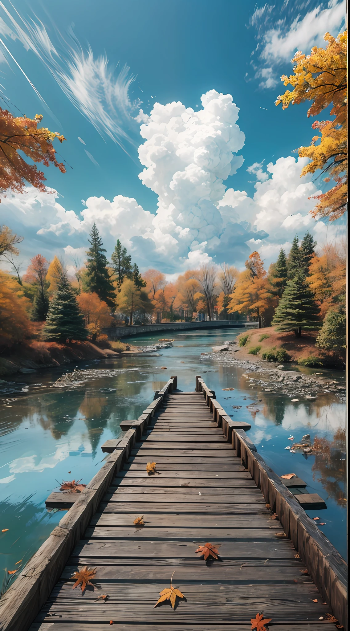 Maple forest, small bridge, river, blue sky, clouds (Very detailed, reasonable design, Clear lines, High sharpness,Best quality, Masterpiece, 4K )