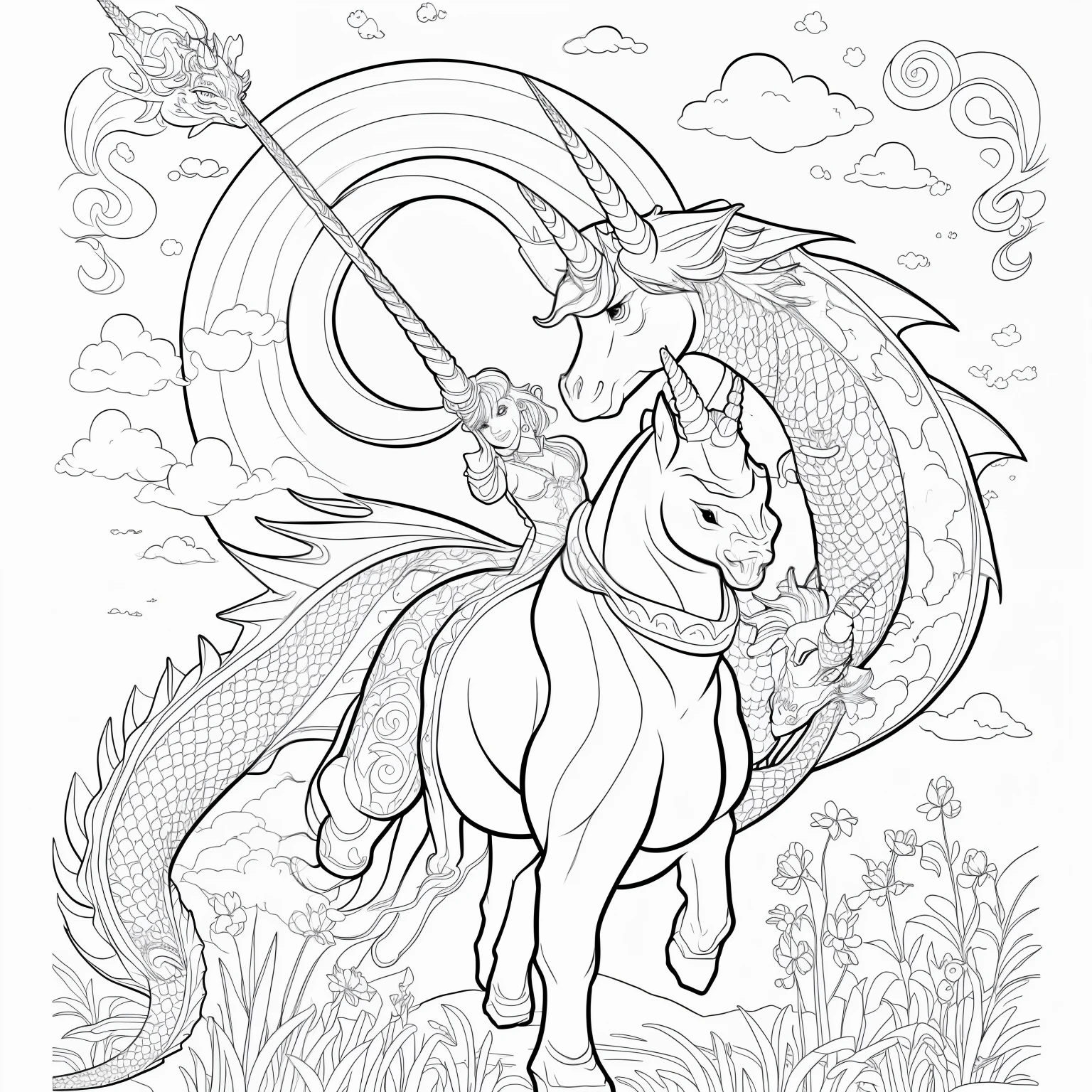 High detalle coloring book page, think black lines, white background, 1 bit line art coloring book, only draw routines, crisp, thick outlines, use up they entire screen, routines art, storybook illustration,Unicorn fighting a dragon using its magic