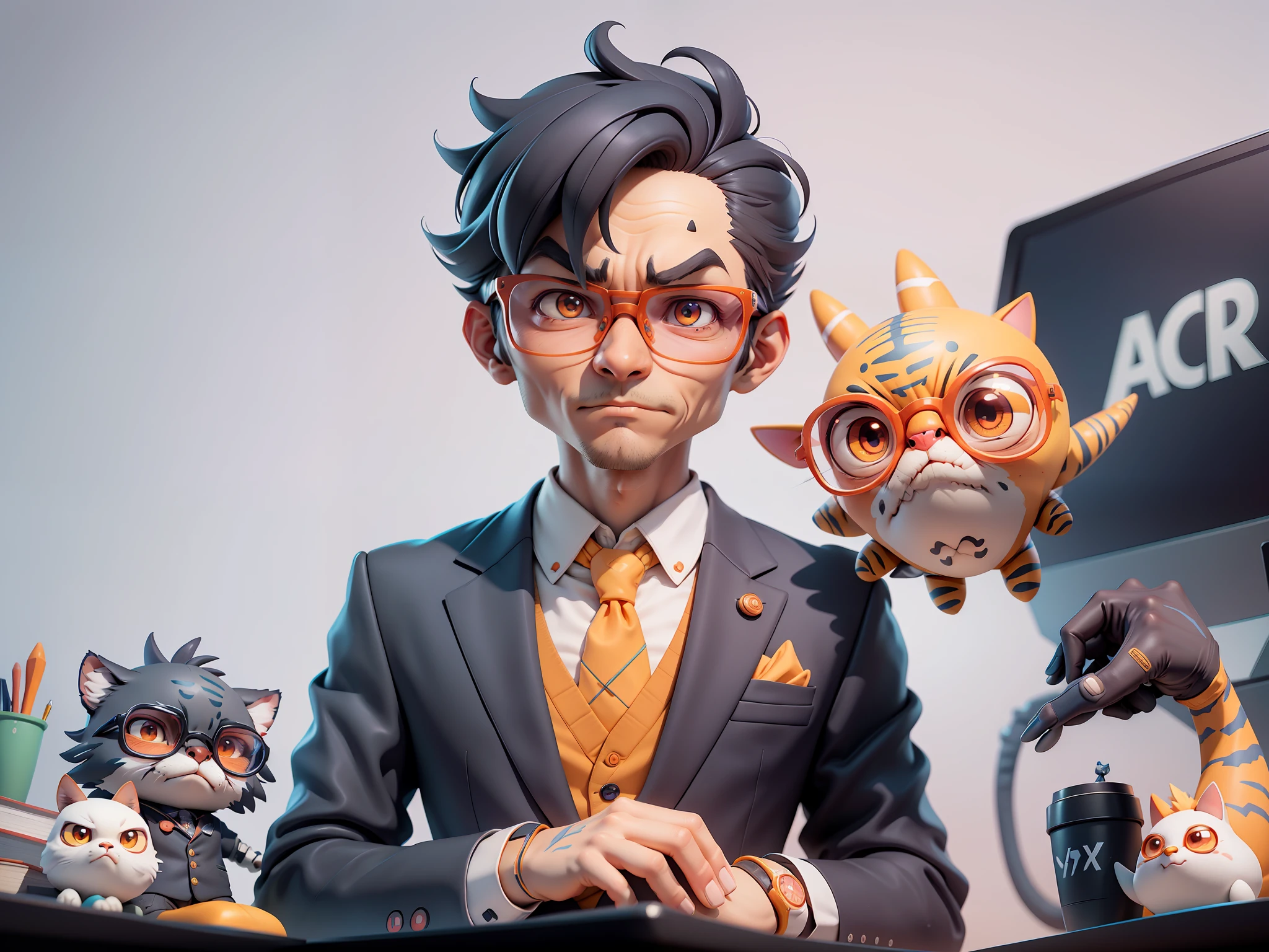 A young man in a suit, Short hair and glasses sat at his desk,holding laptop,digitial painting,tigre,3D character design by Mark Clairen and Pixar and Hayao Miyazaki and Akira Toriyama,4K HD illustration,Very detailed facial features and cartoon-style visuals。