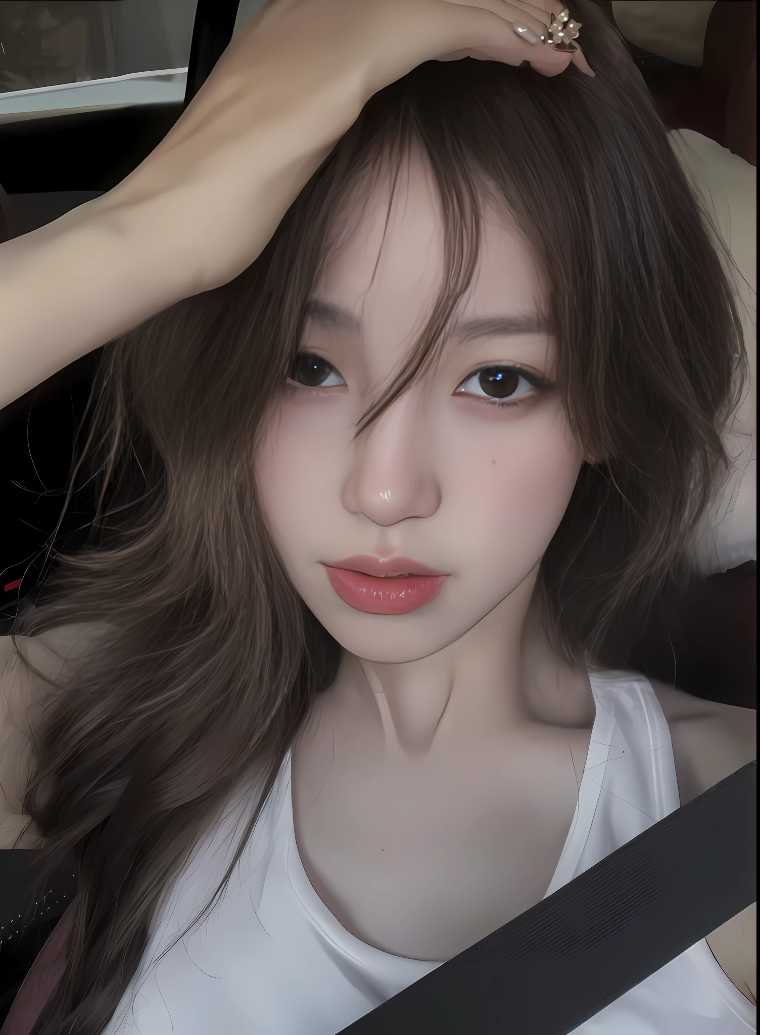 Close-up of a woman with long hair in the car, 8k selfie photograph, dilraba dilmurat, beautiful Korean women, ulzzangs, sakimichan, sun yunjoo, wan adorable korean face, Gorgeous young Korean woman, with very thin lips, Choi Hyun-hwa, jaeyeon nam, popular korean makeup
