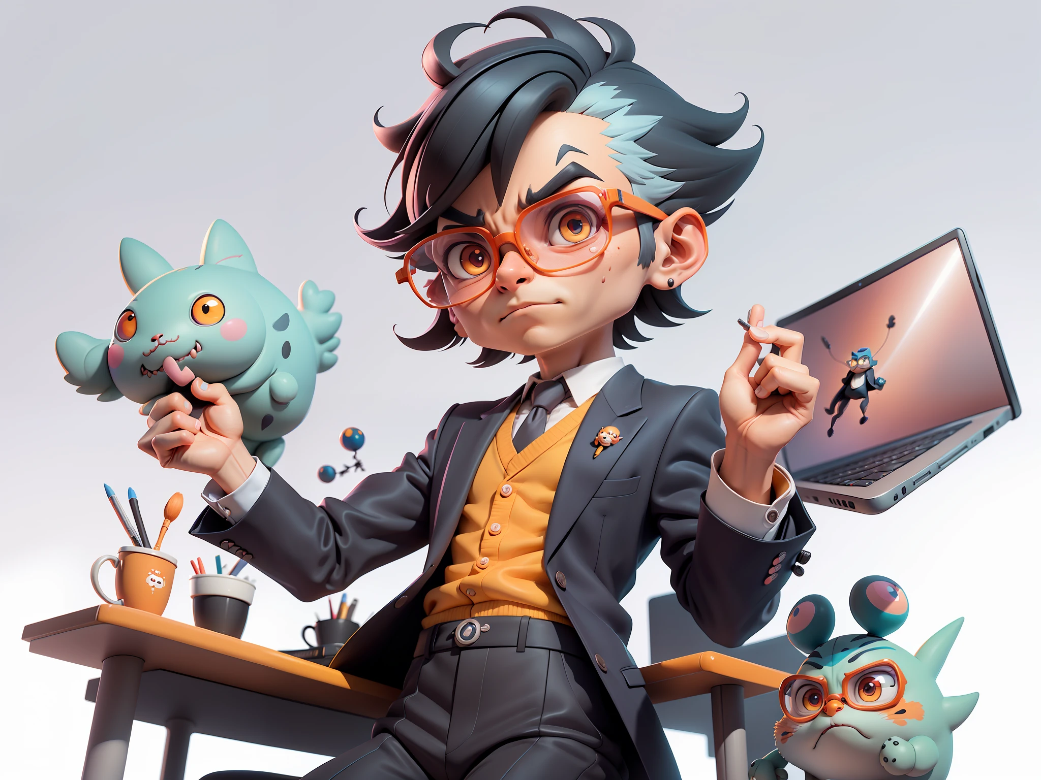 A young man in a suit, Short hair and glasses sat at his desk，holding laptop，digitial painting，tigre，3D character design by Mark Clairen and Pixar and Hayao Miyazaki and Akira Toriyama，4K HD illustration，Very detailed facial features and cartoon-style visuals。