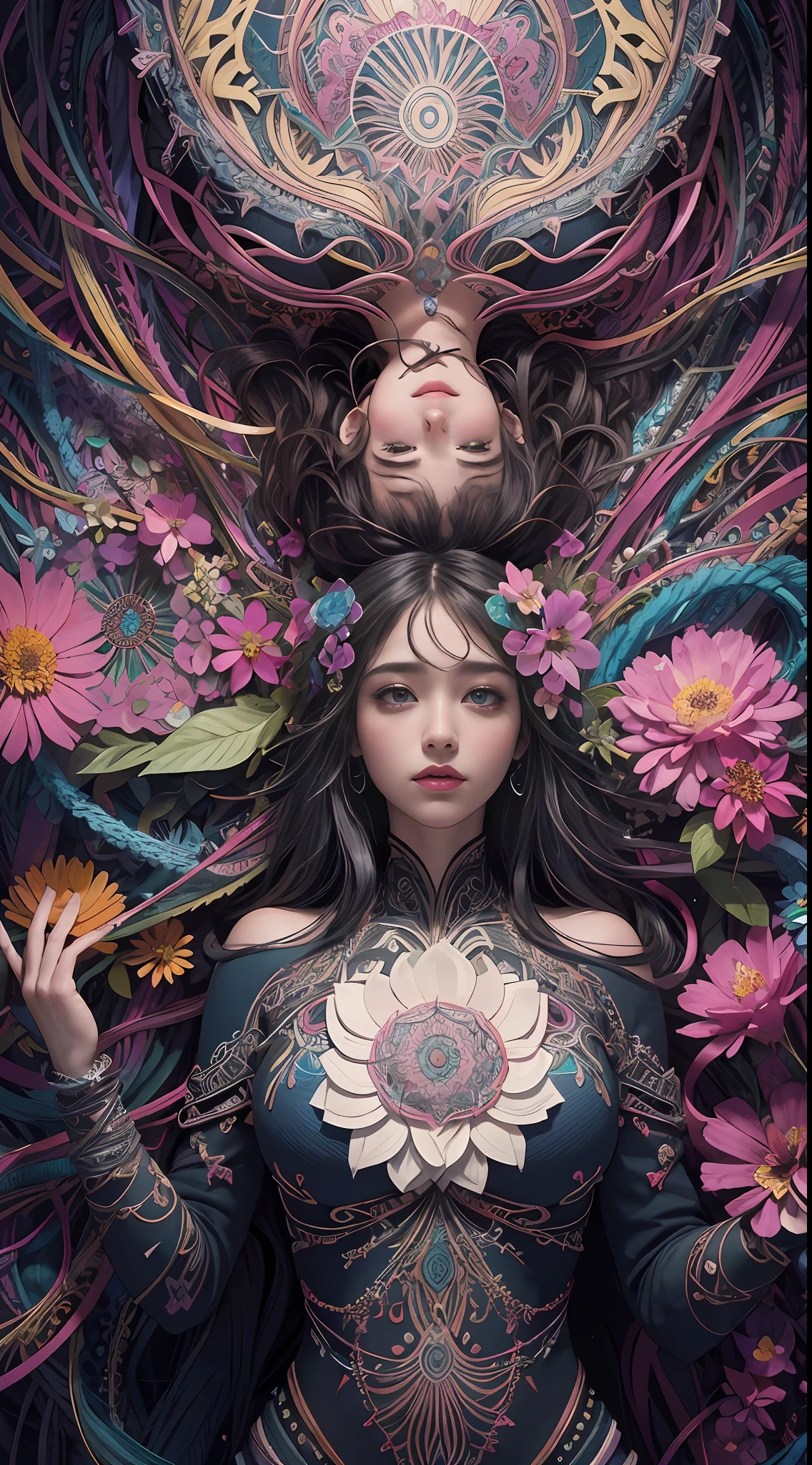 official art, unity 8k wallpaper, ultra detailed, beautiful and aesthetic, beautiful, masterpiece, best quality, (zentangle, mandala, tangle, entangle), (ecstasy of flower:1.2), dynamic angle, cowboyshot, the most beautiful form of chaos, elegant, a brutalist designed, vivid colours, romanticism, atmospheric