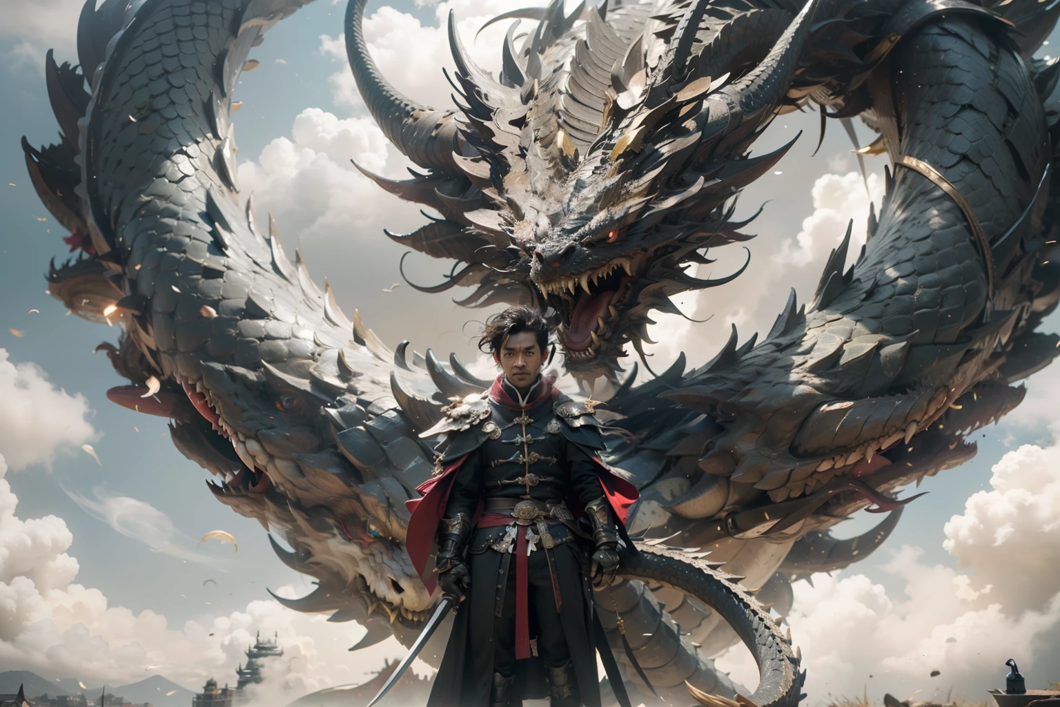 （（best qualtiy））， （（tmasterpiece））， （A detailed），A man stands on the head of a dragon，Holding An Sword，Side face photo of a dragon flying in the air，Close-up of the faucet，The whole body of the character，mechs，Realiy，high detal， mito，chinesedragon，Clouds，salama，surrounded by cloud，Frontal lighting，atomization，Smoke lamps，