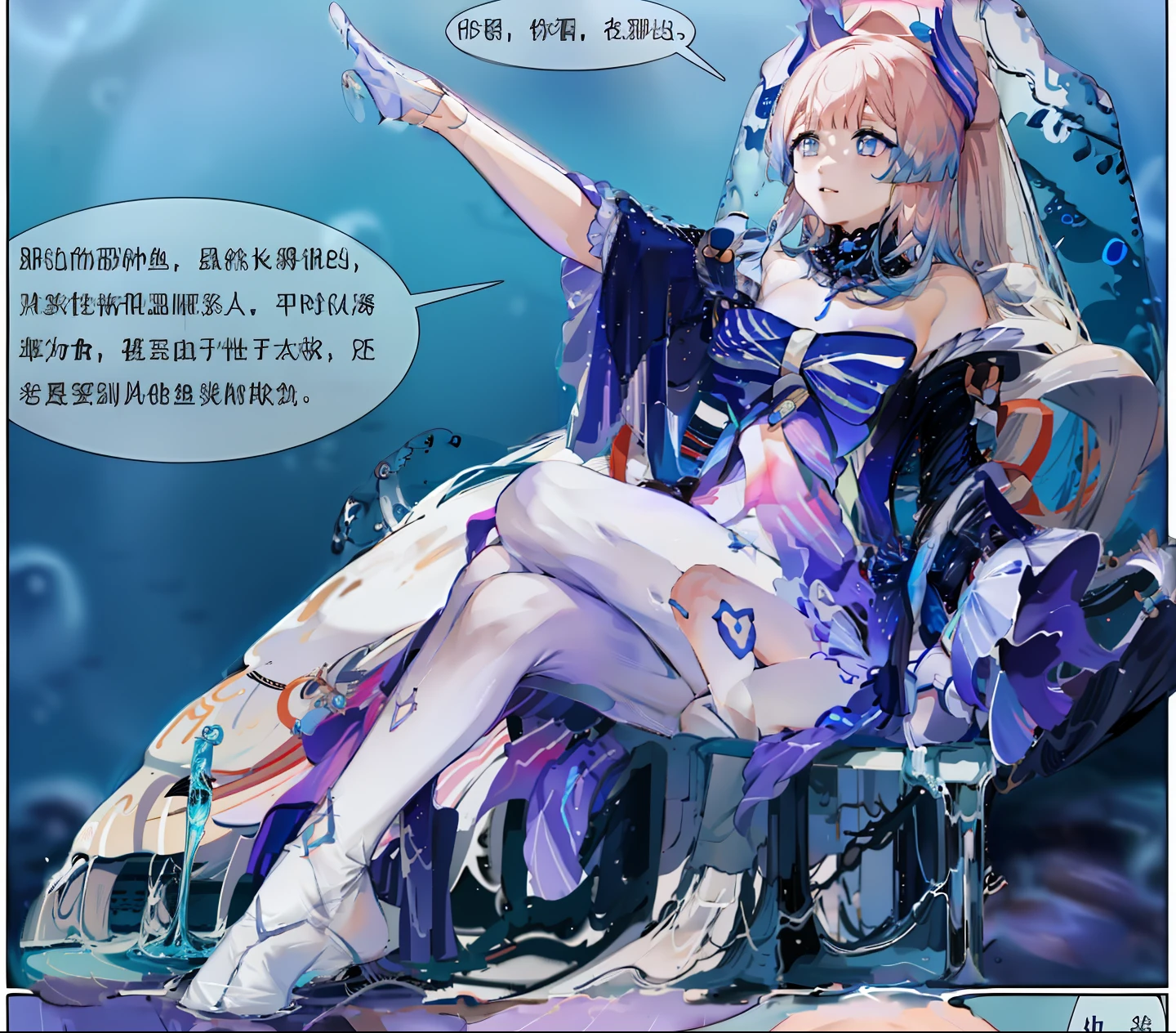 Anime girl sitting in chair，There is a speech bubble overhead, A scene from the《azur lane》videogame, azur lane style, queen of the sea mu yanling, 《azur lane》role, Fine details. Girl Front, author：Shitao, atelier lulua, the anime girl is crouching, trending on cgstation,