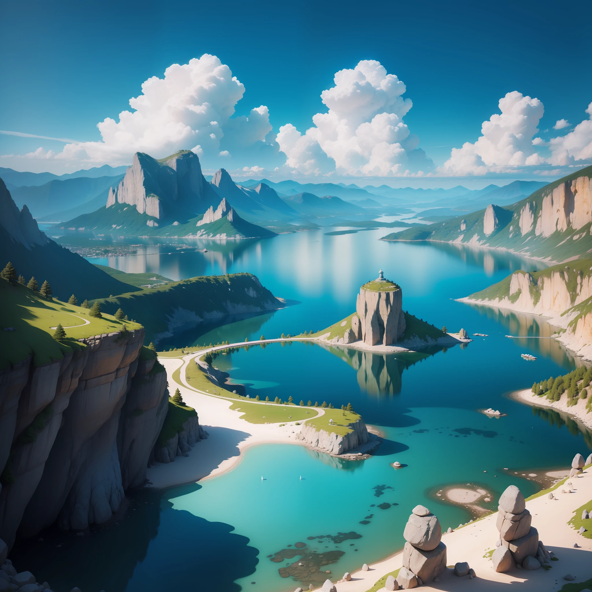 Mundo realista com paisagem de um lago 8k,com pedra preciosas cores diferentes,e seres lindos alta gualidade