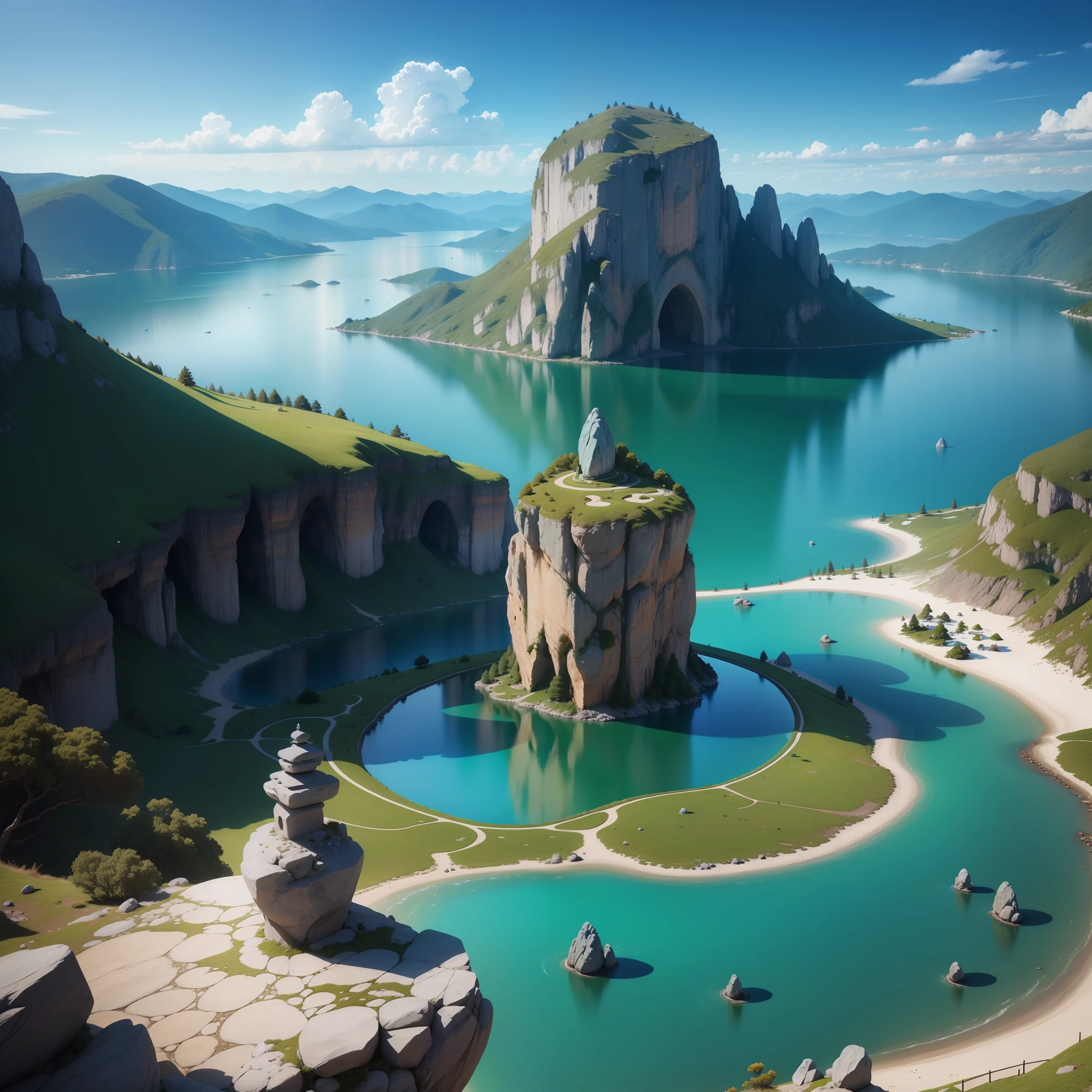 Mundo realista com paisagem de um lago 8k,com pedra preciosas cores diferentes,e seres lindos alta gualidade