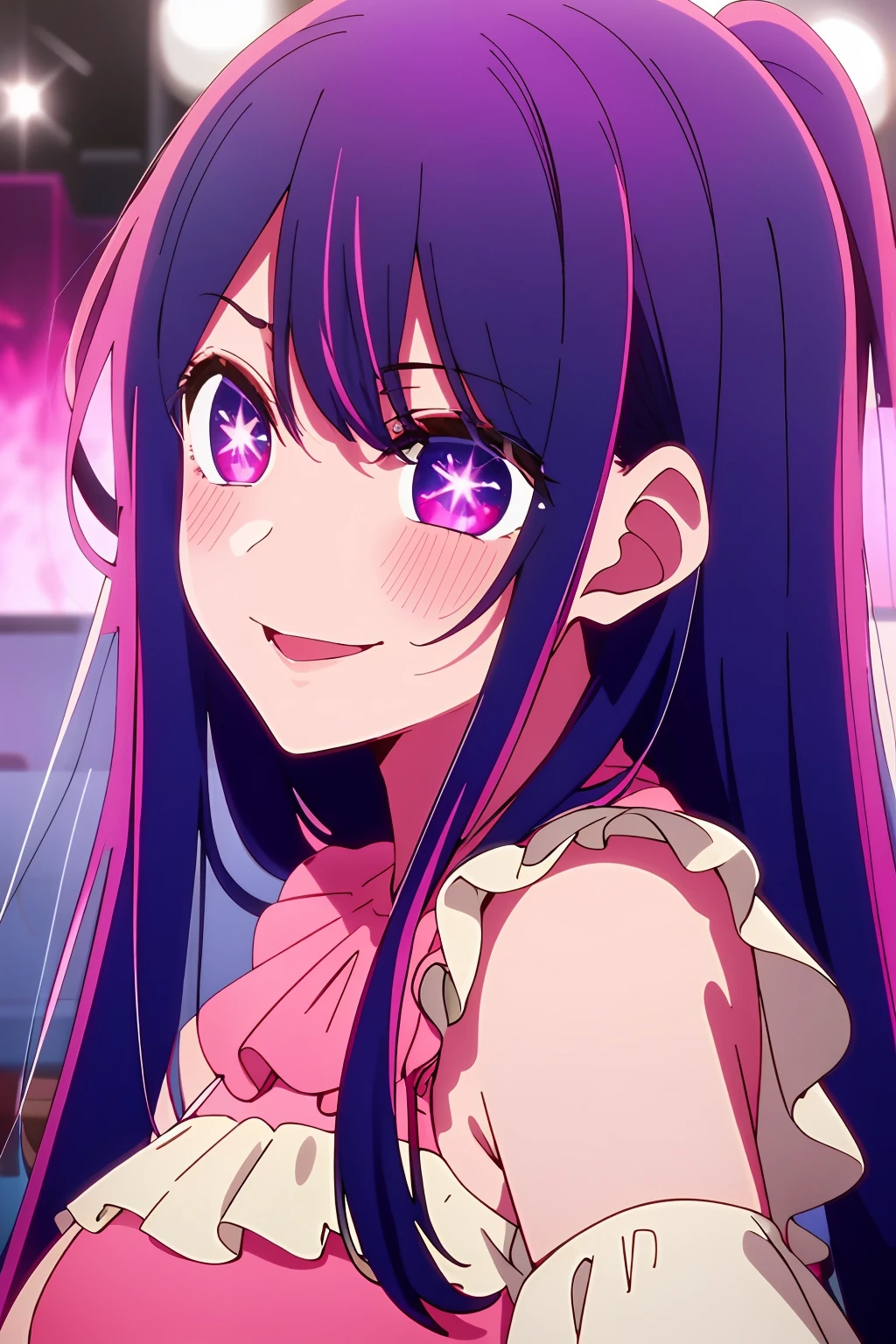 masterpiece、ighly detailed、(1 girl in:1.2)、purple color hair、pink dress、big eye、a closeup、A smile、8K、Ai Hoshino、Live performance venue、