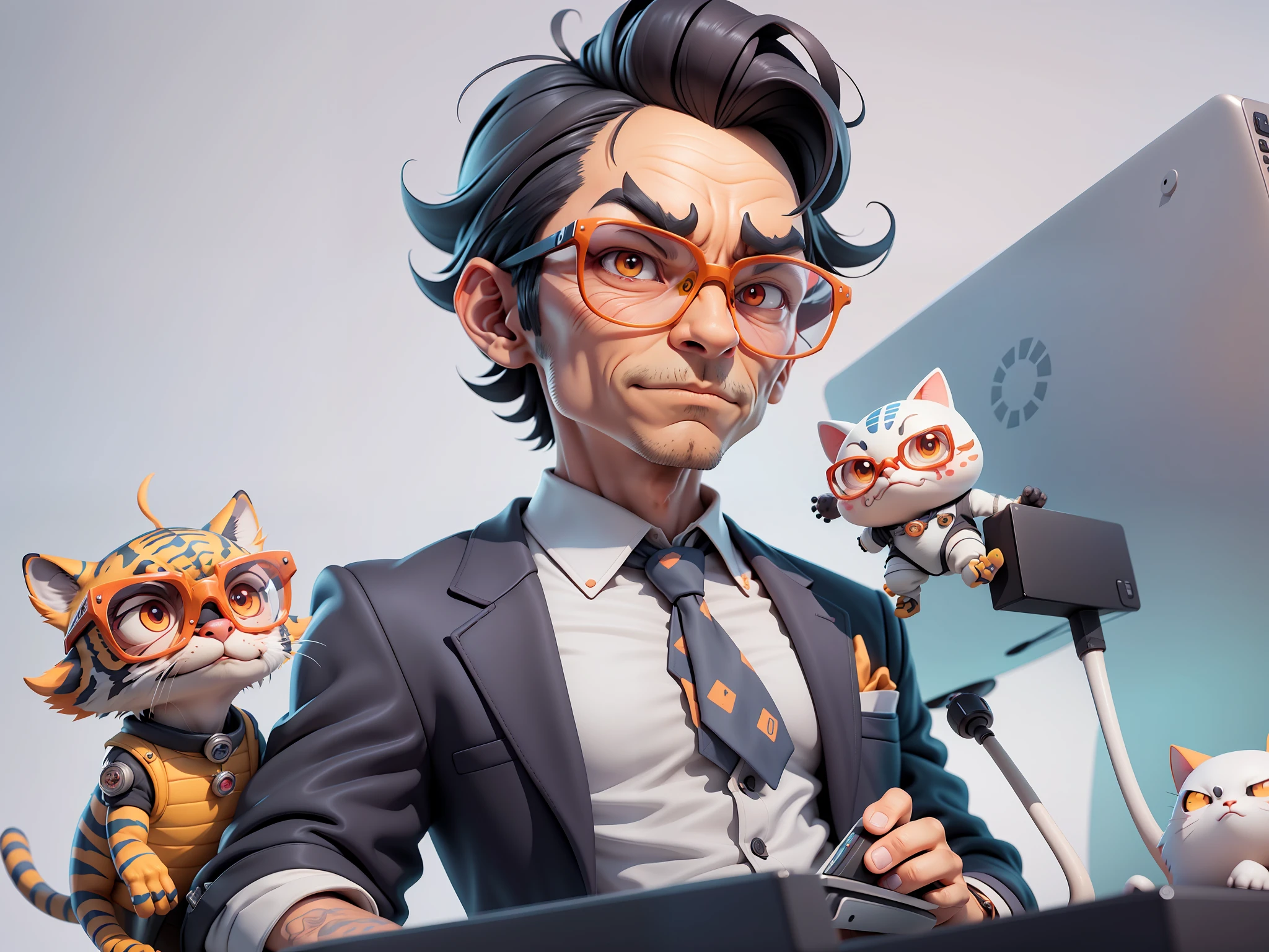 A young man in a suit, Short hair and glasses sat at his desk,holding laptop,digitial painting,tigre,3D character design by Mark Clairen and Pixar and Hayao Miyazaki and Akira Toriyama,4K HD illustration,Very detailed facial features and cartoon-style visuals。