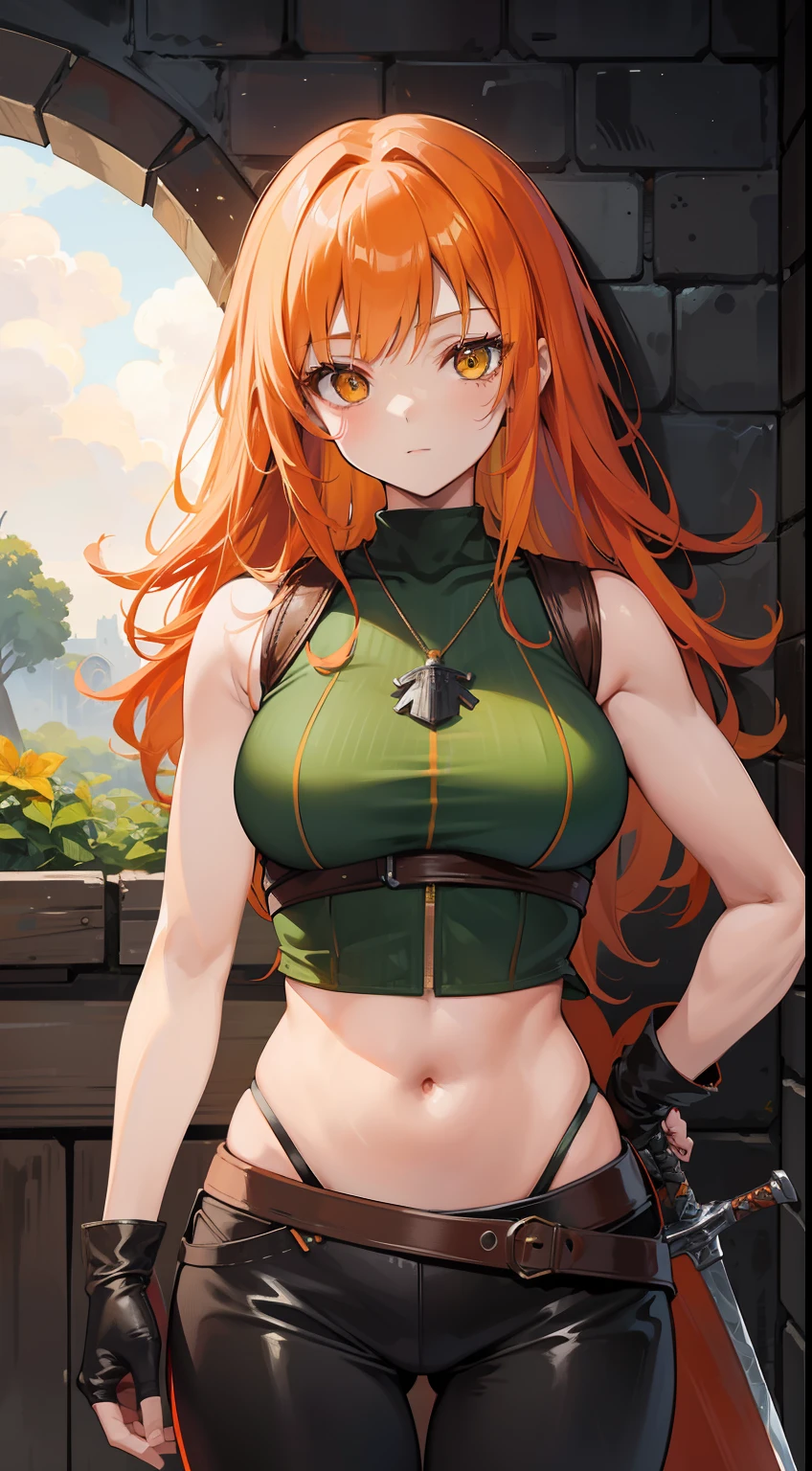 adult girl, long curly orange hair, The Witcher's Yellow Eyes, Green sleeveless top, open belly, musculature, leather armour, sword, Masterpiece, hiquality