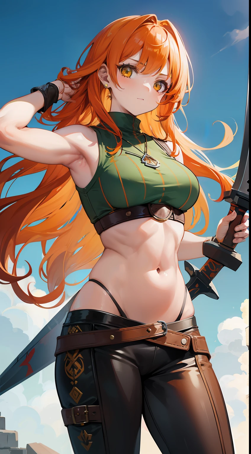 adult girl, long curly orange hair, The Witcher's Yellow Eyes, Green sleeveless top, open belly, musculature, leather armour, sword, Masterpiece, hiquality