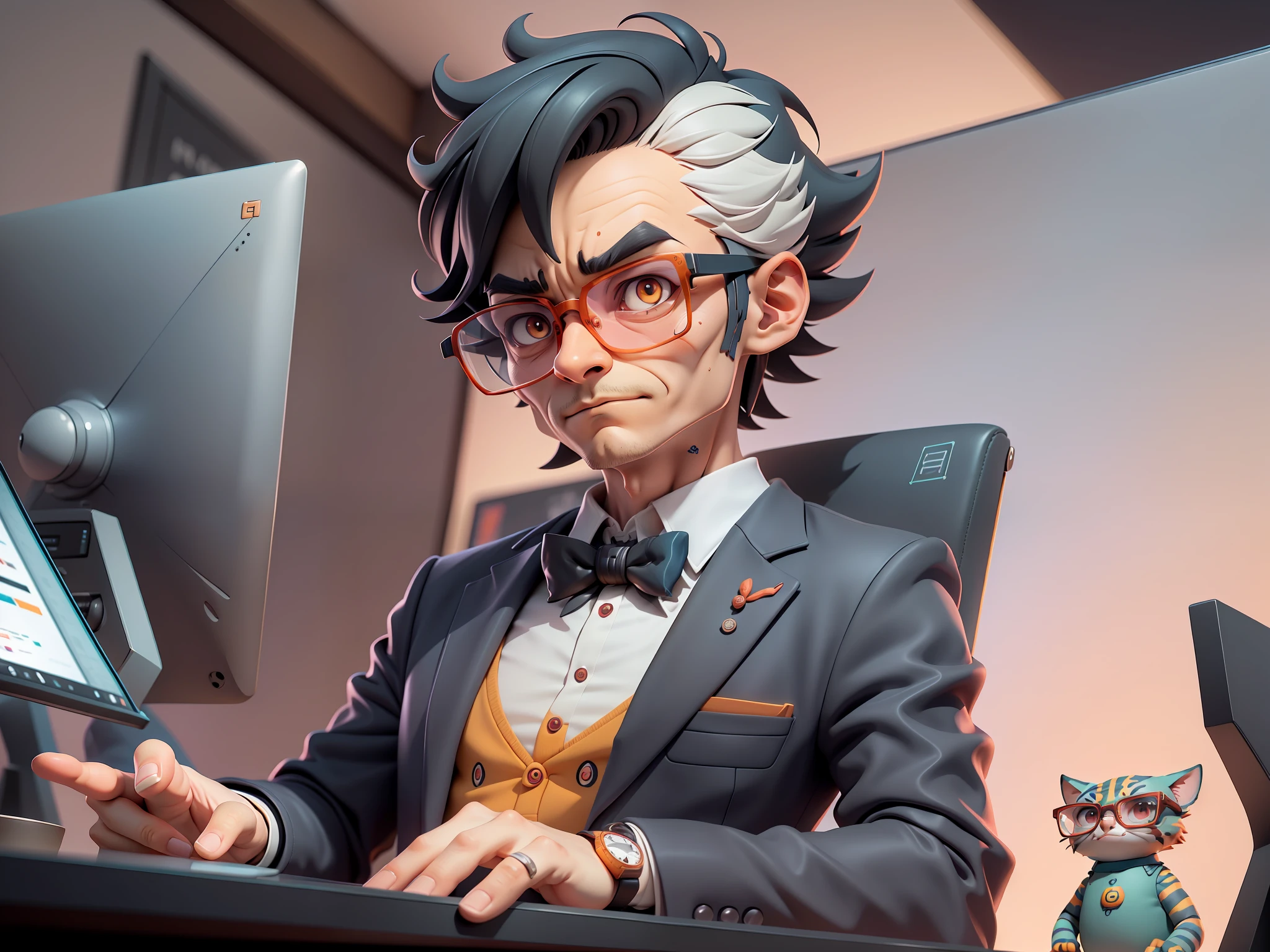 A young man in a suit, Short hair and glasses sat at his desk,holding laptop,digitial painting,tigre,3D character design by Mark Clairen and Pixar and Hayao Miyazaki and Akira Toriyama,4K HD illustration,Very detailed facial features and cartoon-style visuals。