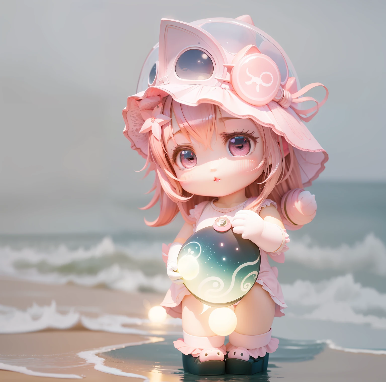 A pink folding cat anime girl holding a pink white-footed cat with a sea moon jellyfish hat,Standing by the beach,The sea gently patted the instep of her foot,Ark of tomorrow