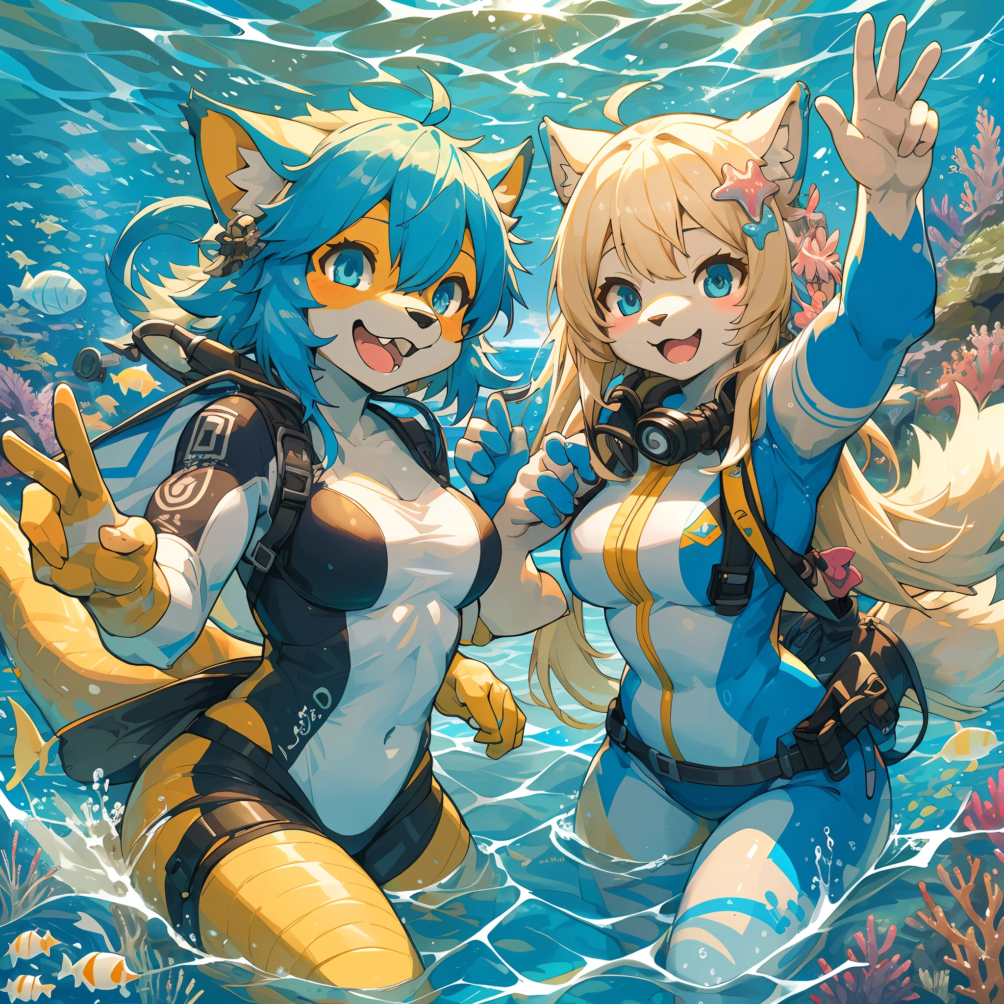 top quality, best quality, High-quality illustrations, masterpiece, super high resolution, detailed background, detailed background, In the sea, Scuba, group shot:0.2, 6+boys, 6+girls, Happy, joyful, absurdres(highly detailed beautiful face and eyes)perfect anatomy(kemono, furry anthro)selfie:0.1,