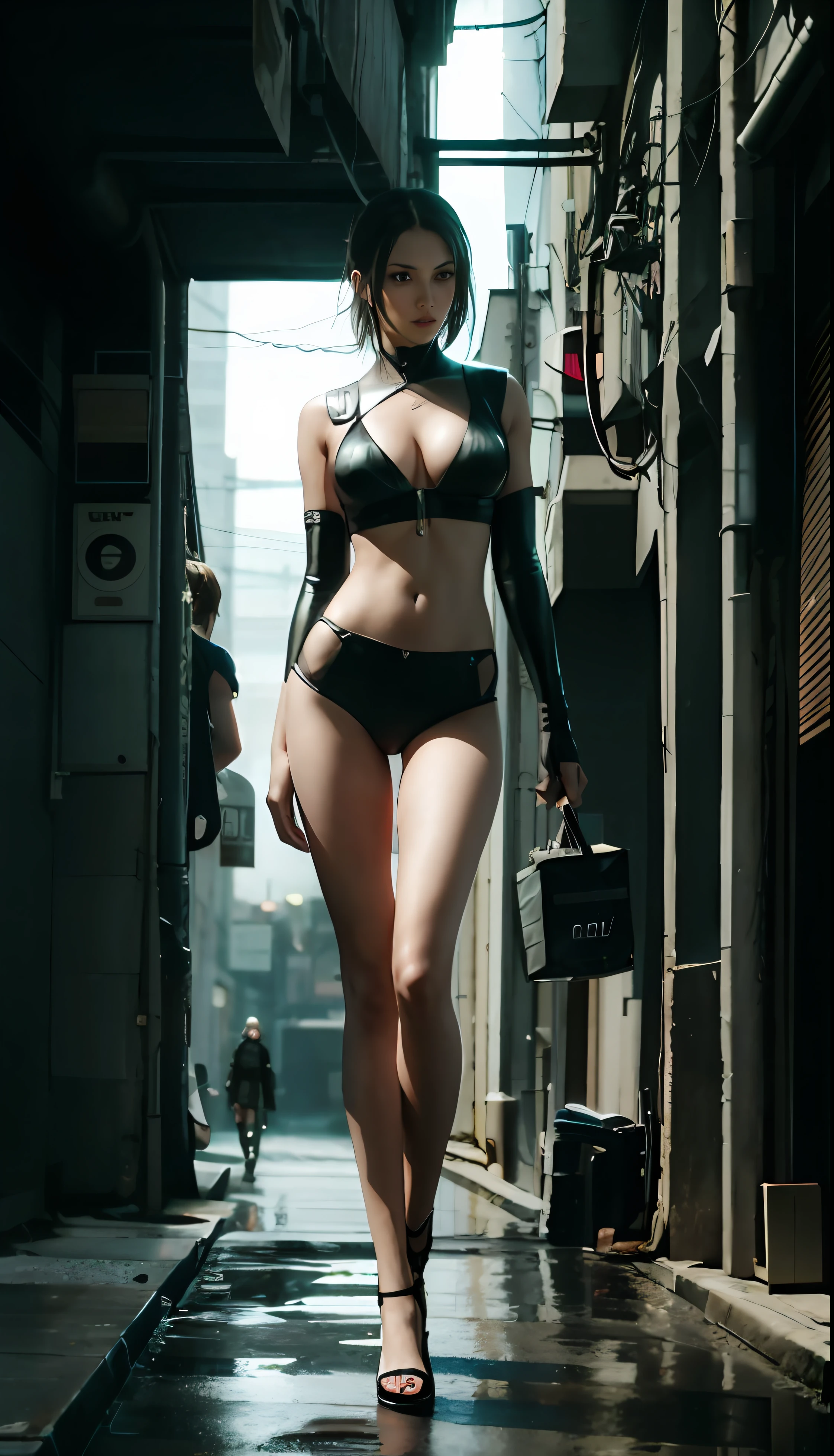 There was a woman in a bikini walking down a damp street, Photo of woman in black transparent clothes, Perfect sexy woman, photo of slim girl model, quiet from metal gear solid v, cinematic goddess body shot, Tall and tall，The look is seductive and sexy, Feminine, and attractive fashion models, beautiful cyberpunk woman model, perfect android girl, Cyberpunk 2 0 y. o model girl, cinematic body shot, quiet from metal gear solid，The golden ratio of body shape，Naked temptation all over