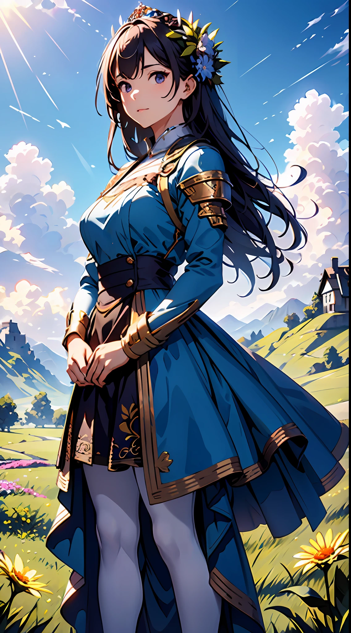 A woman in a purple dress,Blue sky and clouds in background, wearing blue dress,There are flowers on it, Art germ, Rosla global lighting, a detailed painting, Fantasy art